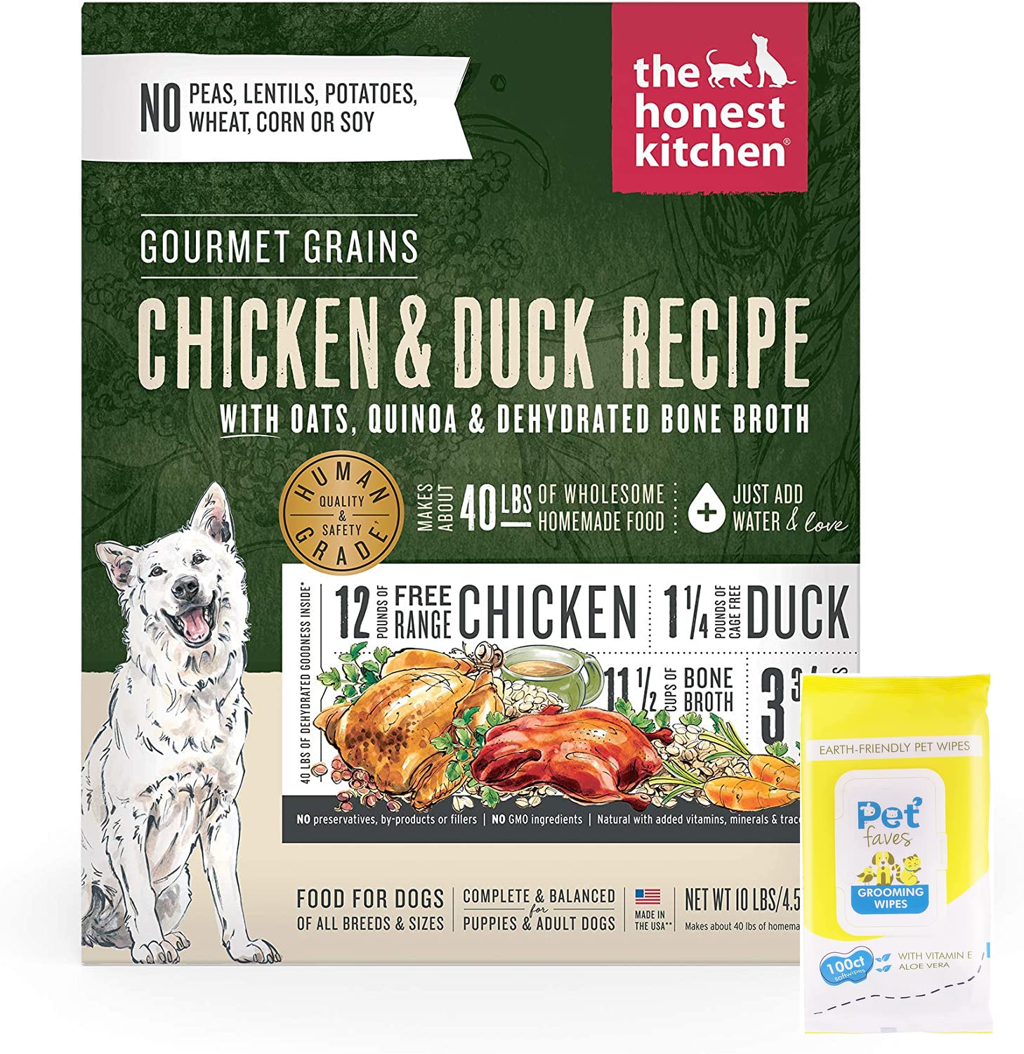 The Honest Kitchen Dehydrated Gourmet Grains Dog Food with Chicken & Duck - 10 lb Bag | 100ct Pet Wipes Included | Healthy Meal for Adult Dogs | Perfect for Travel, Camping & Daily Feeding