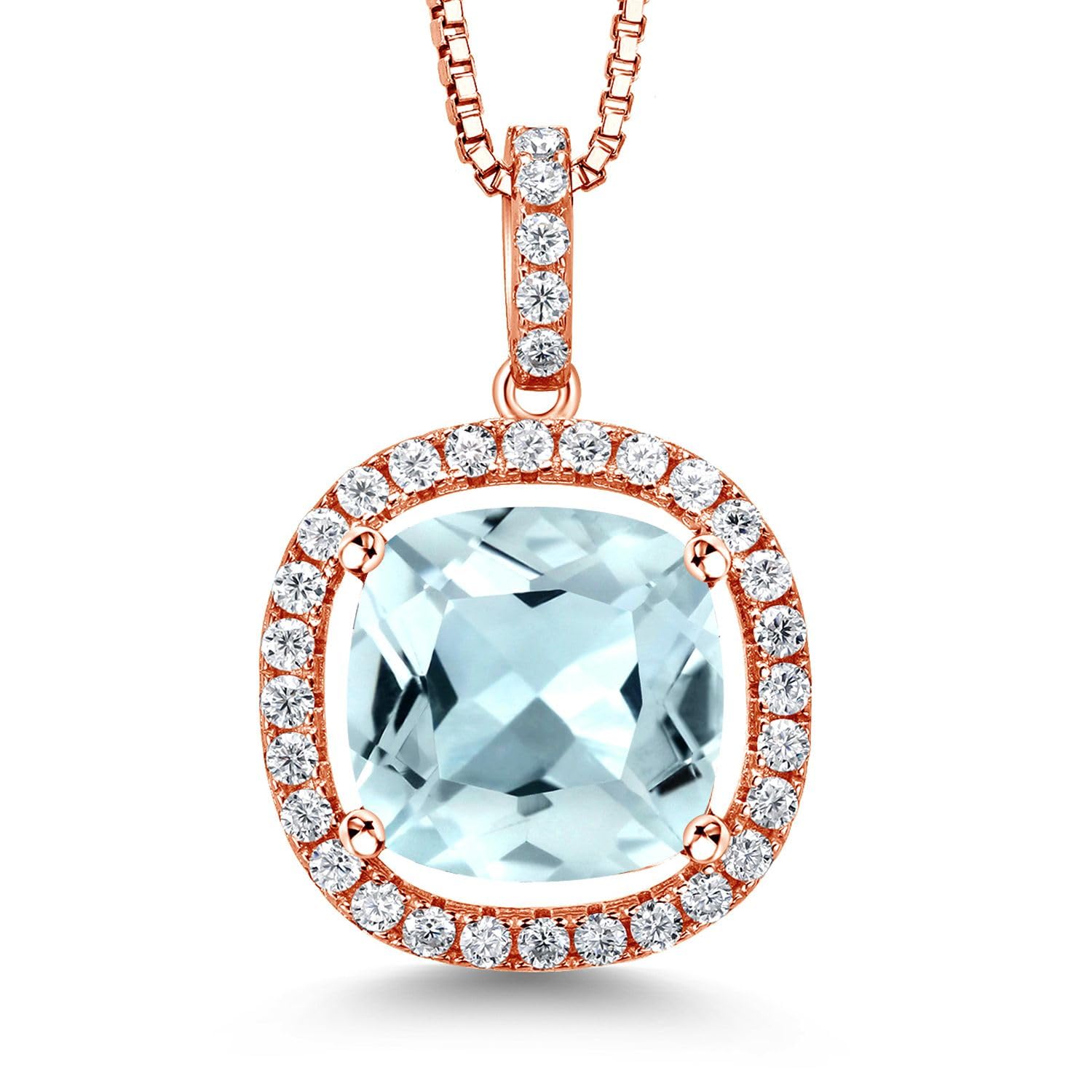 18K Rose Gold Plated Silver 12MM Cushion Birthstone & White Moissanite Halo Pendant Necklace for Women | 18 Inch Silver Chain | Elegant Gift for Birthday, Anniversary & Special Occasions