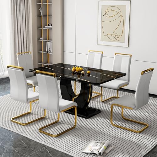 Black Table With 6 White Golden Chairs