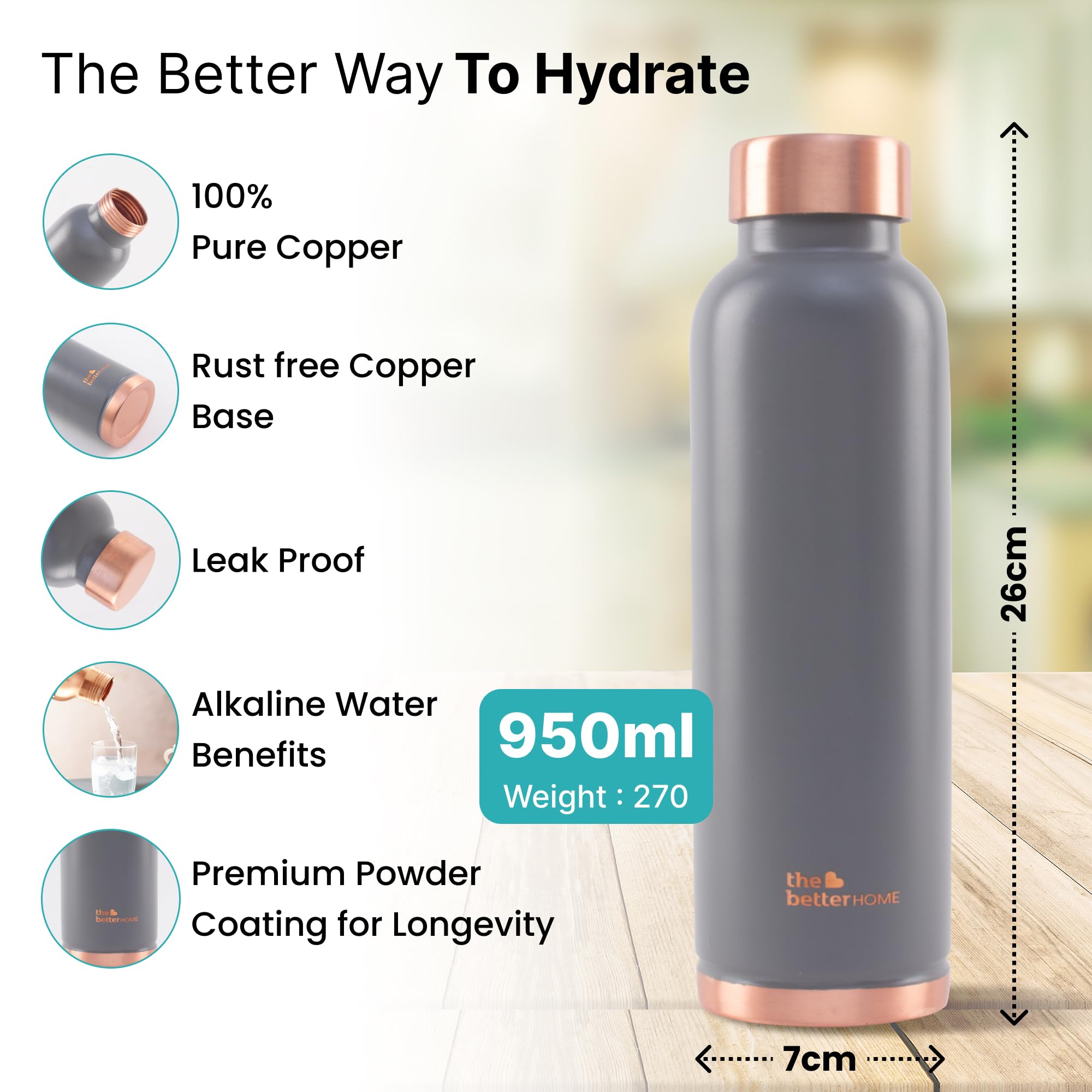 Premium 1 Liter Pure Copper Water Bottle with Antioxidant Properties | Boosts Immunity & Enhances Health | 100% Copper Bottle for Daily Hydration | Grey (Pack of 10) | Ideal for Gym, Yoga, Office & Outdoor Activities