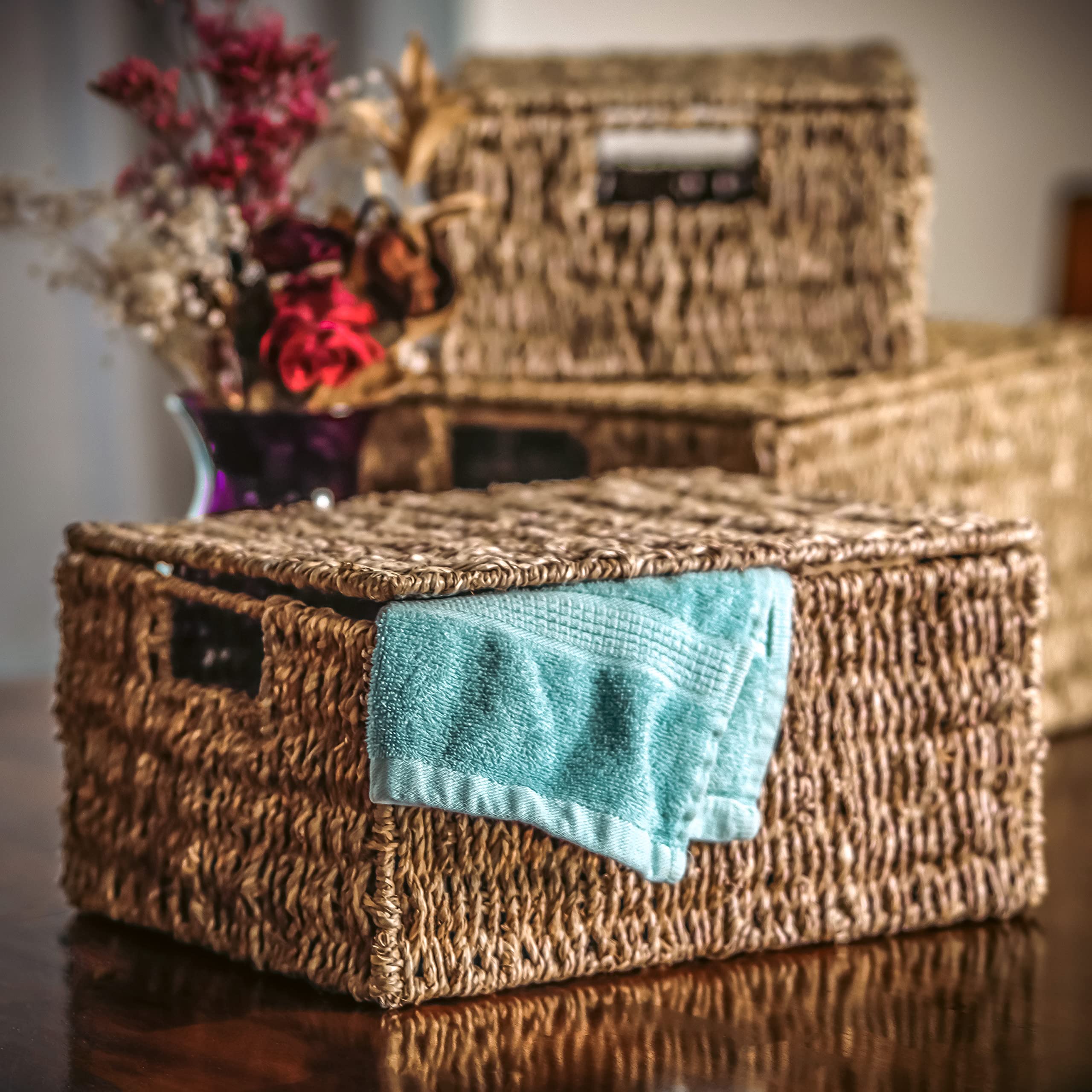 Natural Seagrass Baskets with Lids - Set of 3 for Home Storage