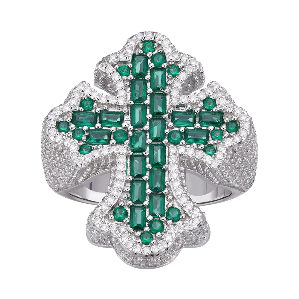 925 Sterling Silver Moissanite Green Emerald Cross Ring for Men - Perfect for Gifts, Weddings, and Everyday Wear