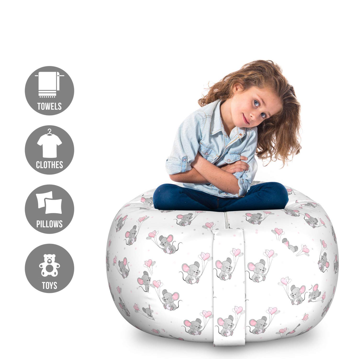 Ambesonne Cartoon Toy Storage Bag Chair - Large Washable Stuffed Animal Organizer with Mice & Heart Balloons Design - Pale Pink Grey White for Kids' Room, Birthday Party & Playroom Decor