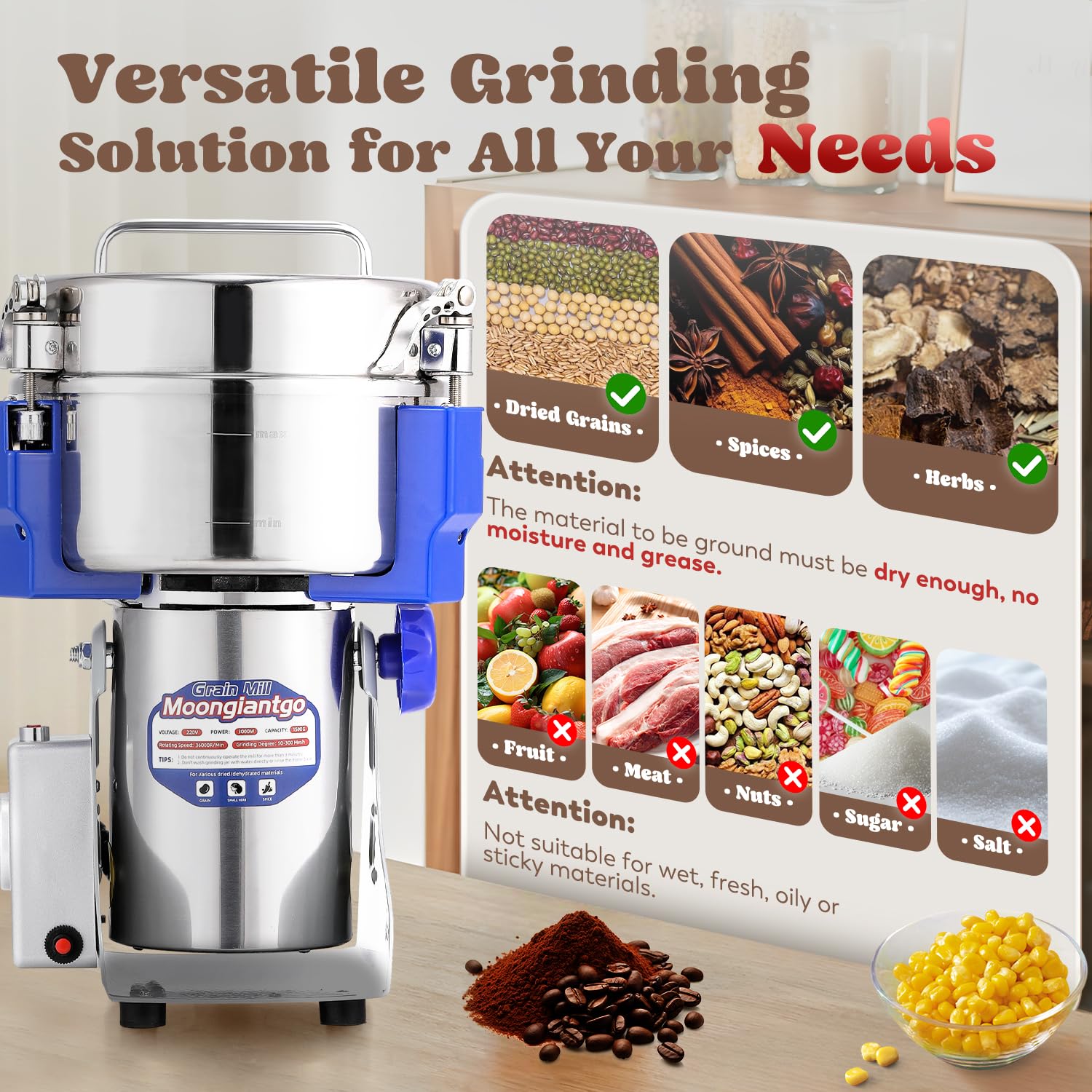 Moongiantgo 1500g Commercial Grain Grinder Mill - 3000W High-Speed Electric Spice Grinder, Stainless Steel Pulverizer for Cereals, Grains, Spices, Herbs - Perfect for Home Kitchens, Bakeries & Coffee Shops