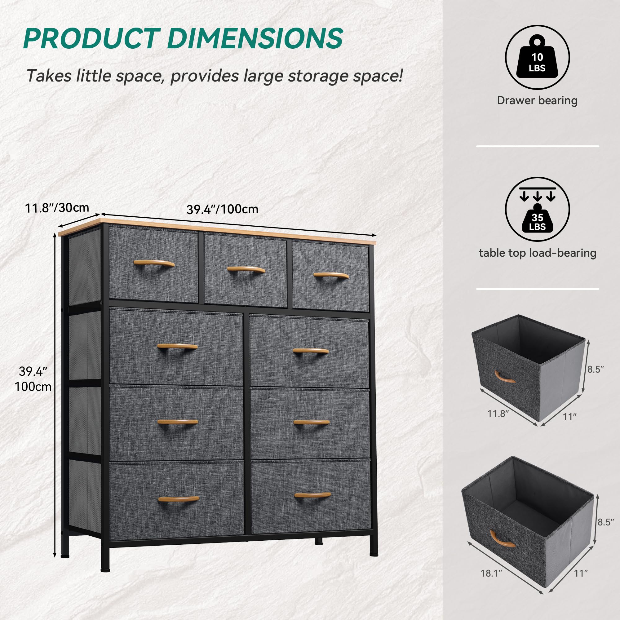 YITAHOME 9-Drawer Fabric Storage Dresser with Sturdy Steel Frame & Wooden Top - Dark Grey Dresser for Bedroom, Living Room & Closet Organization - Easy Pull Fabric Bins for Clothes, Toys & Home Storage