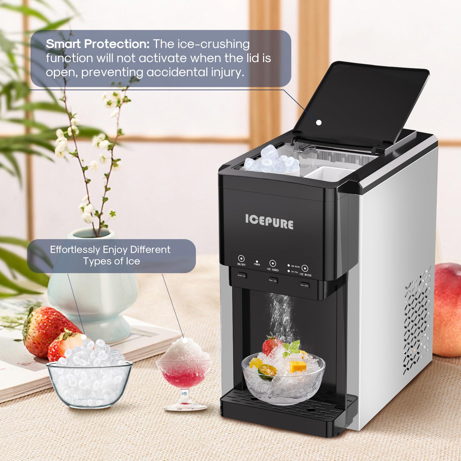ICEPURE 3-in-1 Countertop Water Cooler with Ice Maker | Bullet & Crushed Ice Machine | Cold & Room Temperature Water Dispenser | 42 lbs/Day Capacity | Manual/Auto Water Refill | Perfect for Home, Office, Kitchen, or Outdoor Use
