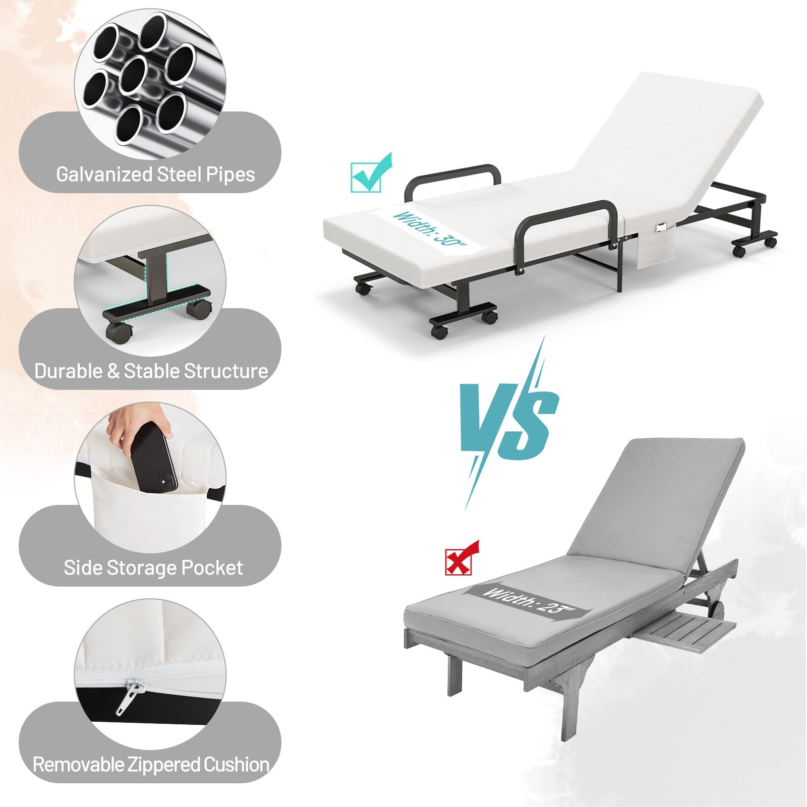 KOMFOTT Folding Rollaway Bed with Mattress for Adults & Guests - 6 Position Adjustable Backrest, Reinforced Steel Frame, Side Storage Pocket (75.5