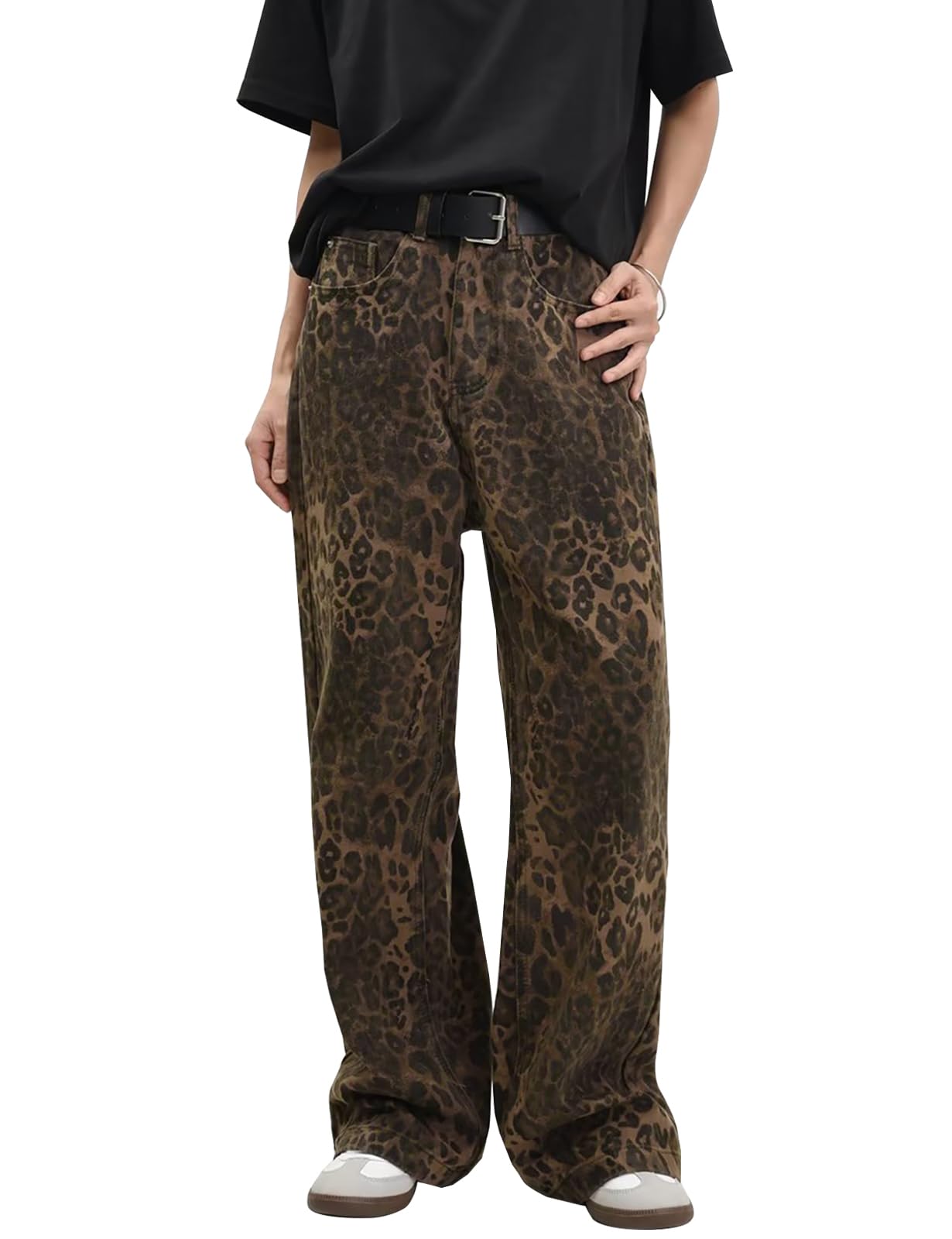 Trendy Y2K Leopard Print High Waisted Baggy Jeans for Women - Wide Leg Distressed Denim Pants with Pockets (Brown, Plus Size 2XL) | Perfect for Streetwear, Retro Fashion & Casual Outfits