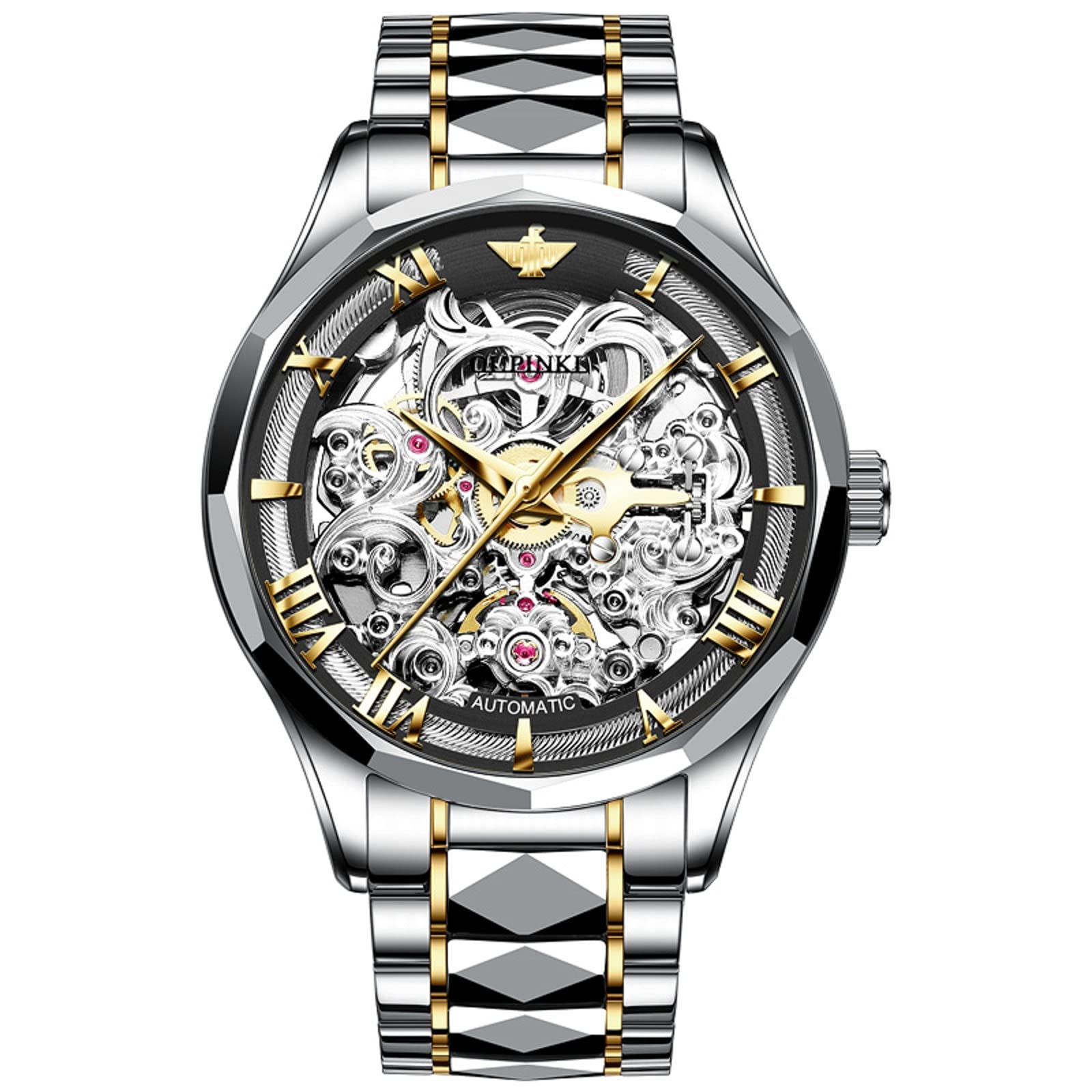 OUPINKE Men's Automatic Watch - Waterproof Stainless Steel Business Watch with Leather Strap & Moon Phase for Office & Formal Wear