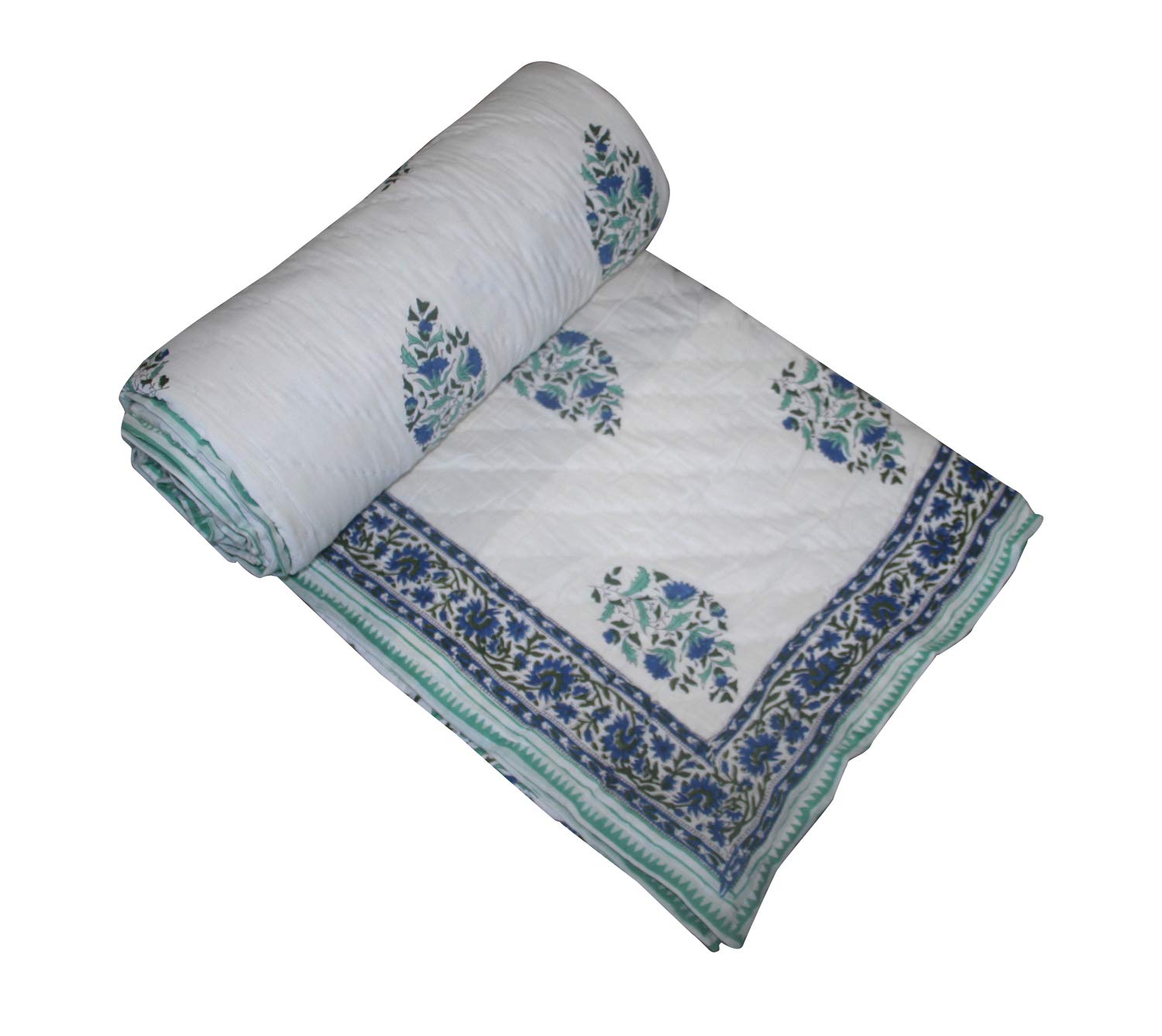 Handmade Indian Block Print Kantha Quilt - 100% Pure Cotton Jaipuri Throw Blanket (108x108 Inches King Size) - Perfect for Bedding, Sofa Decor & Boho Home Styling