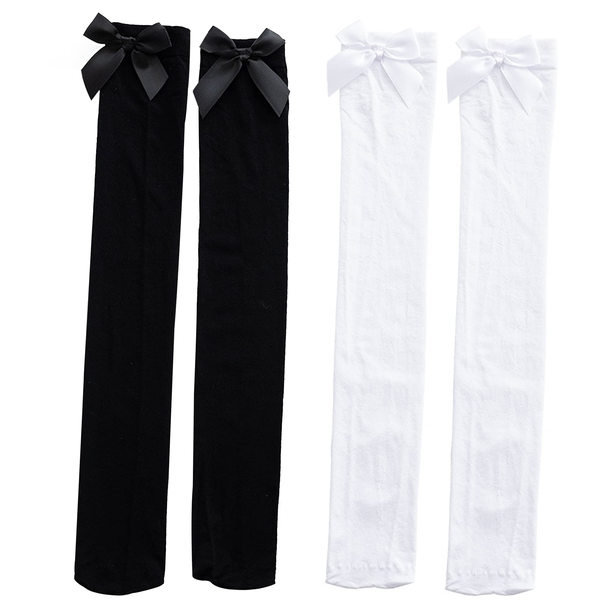 2 Pairs Women's Knee High Socks - Black & White Thigh High Stockings with Frilly Ribbon Bows | Over The Knee Long Socks for Casual Wear, Office, Cosplay & Winter Outfits