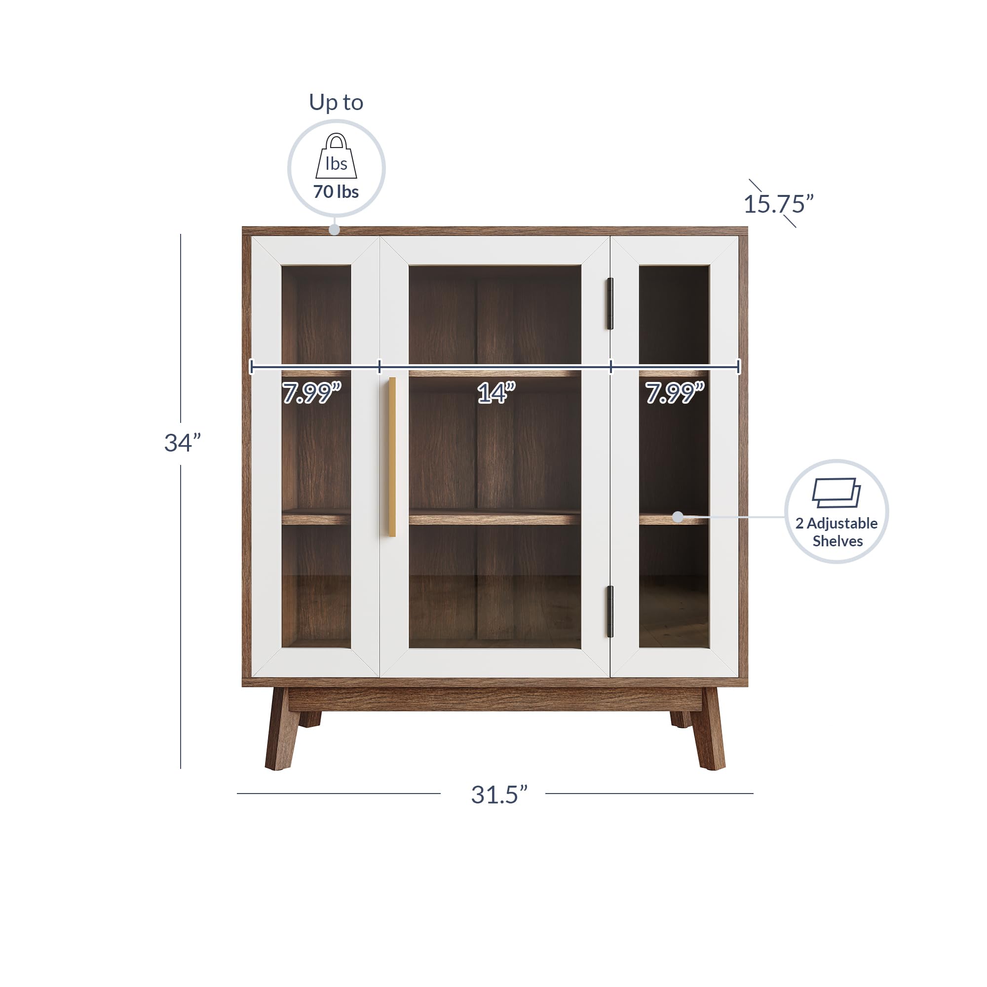 BELLEZE 3-Tier Sideboard Buffet Cabinet - Modern Glass Display Curio Cabinet with Storage, White Kitchen Pantry & Coffee Bar Organizer - Perfect for Living Room, Entryway, and Dining Room Decor