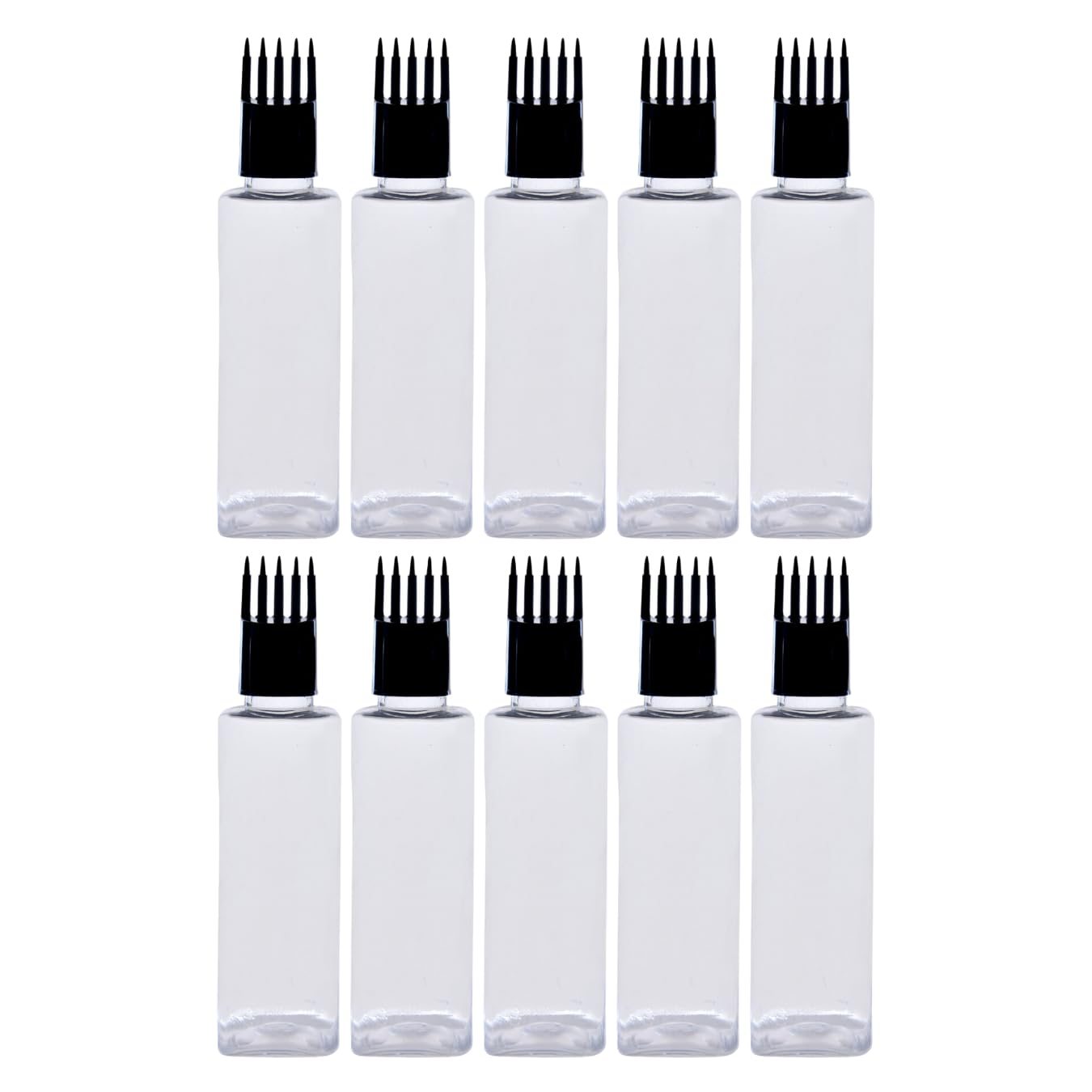 100ml Refillable Transparent Square Bottle with Applicator Cap - Empty Hair Root Comb Applicator for Oil & Shampoo (Set of 10) | Perfect for Salon, Home Hair Care & Travel