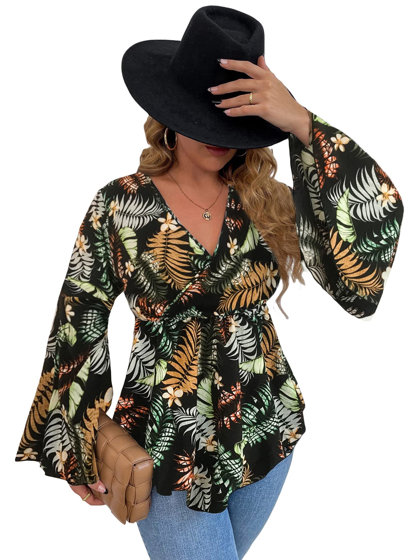 Floerns Women's Plus Size Printed Long Sleeve Surplice Wrap Blouse Tops - Elegant Flowy Tunic Shirt for Work, Office & Casual Outfits