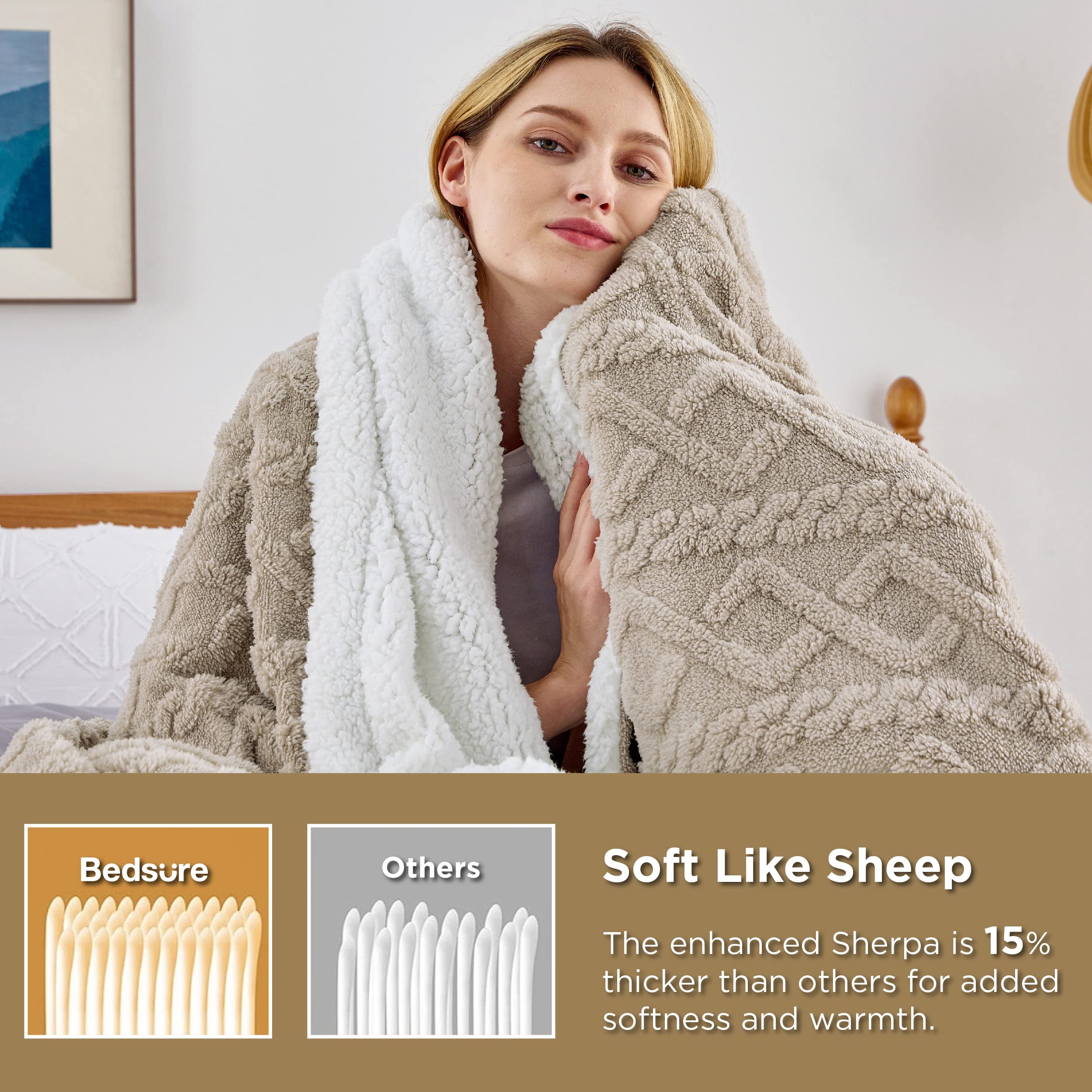 Bedsure Sherpa Fleece Throw Blanket - Ultra Soft Cozy Cable Knit Blanket for Women & Men, Thick Warm Winter Blanket for Couch, Bed, Sofa - 50x60 Inches Beige - Perfect for Lounging, Movie Nights & Home Decor