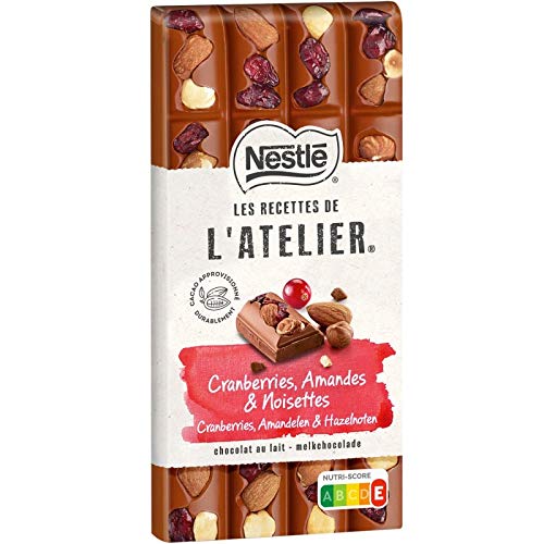 Nestle Les Recettes de l'Atelier Milk Chocolate with Cranberries, Hazelnuts & Almonds 170g (Pack of 3) - Premium Swiss Chocolate Bars for Gifts, Desserts & Snacking