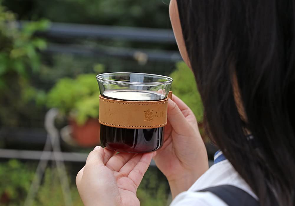 ATHIA Glass Pour Over Coffee Dripper Set with Reusable Cloth Filter & Leather Sleeve - Portable Single Cup Coffee Maker for Travel, Camping & Office Use (Olive Wood)