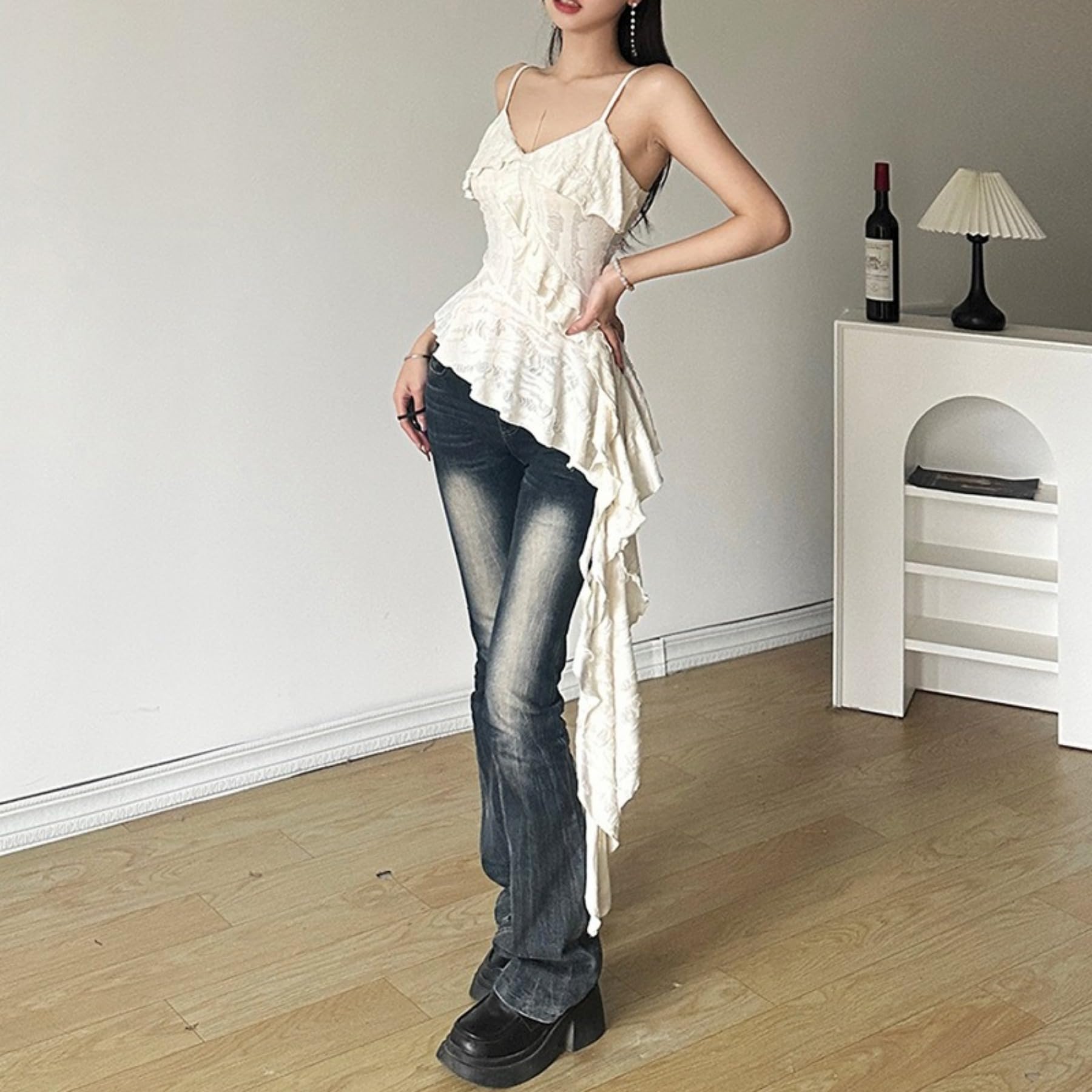 Women's Strap Tank Tops - Ruffled V-Neck Patchwork Y2K Sexy Trendy Tops for Summer, Beach, and Casual Outfits