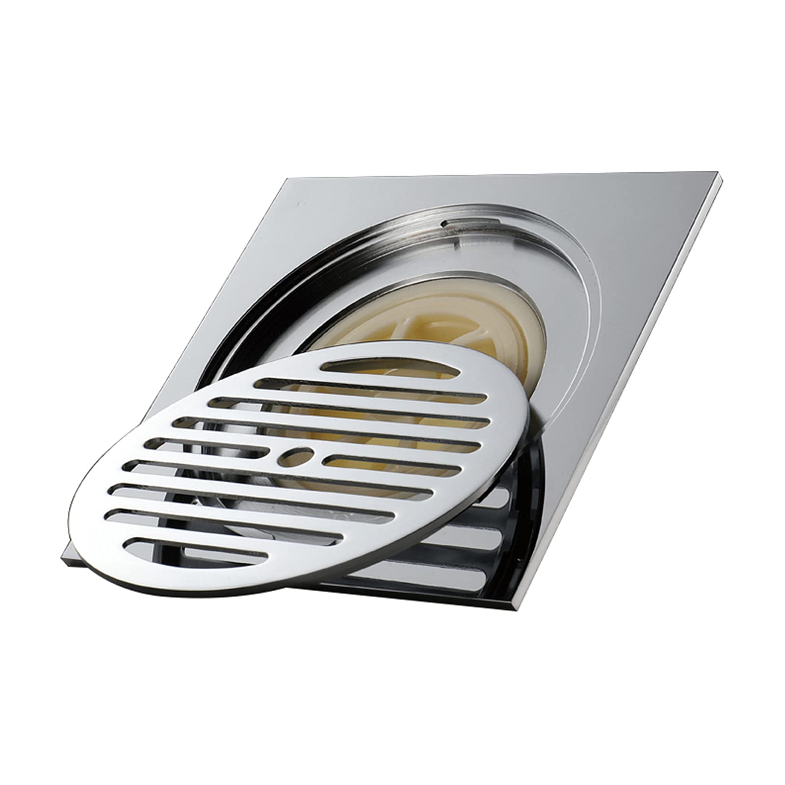 6 Inch Brass Square Shower Drain - Chrome Bathroom Floor Drain with Removable Cover Grate - Ideal for Bathroom, Shower, and Wet Room Installations