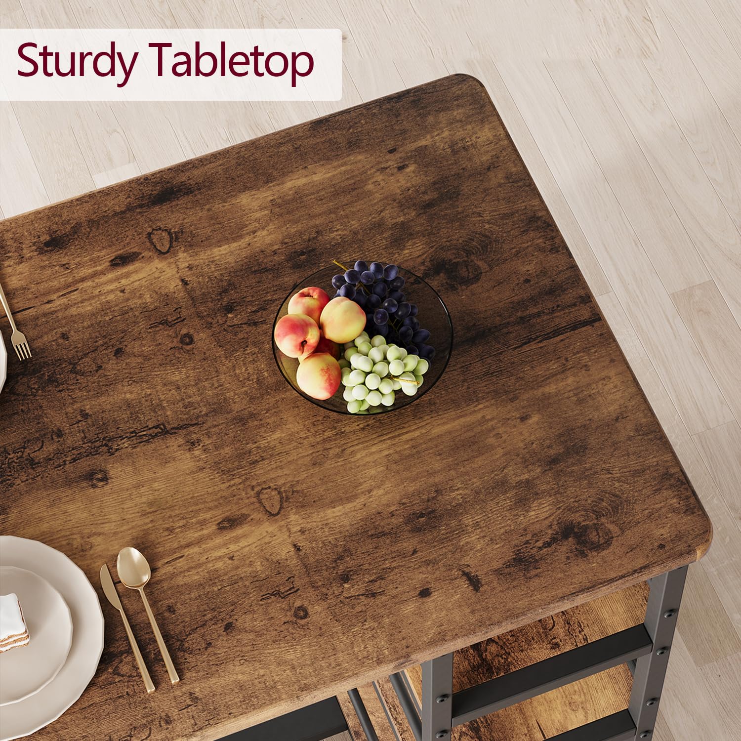Rustic Brown 3-Piece Counter Height Kitchen Table Set with 3 Storage Shelves & 2 Upholstered Bar Stools - Space Saving Dining Set for Small Apartments, Breakfast Nook, Kitchen Island or Compact Dining Areas