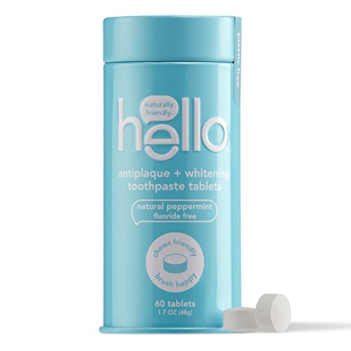 Hello Antiplaque & Teeth Whitening Eco-Friendly Travel Toothpaste Tablets - Natural Peppermint Flavor, Fluoride-Free, TSA Compliant, Vegan, SLS-Free, Plastic-Free (60 Tablets) - Perfect for Travel, Camping & On-the-Go Oral Care