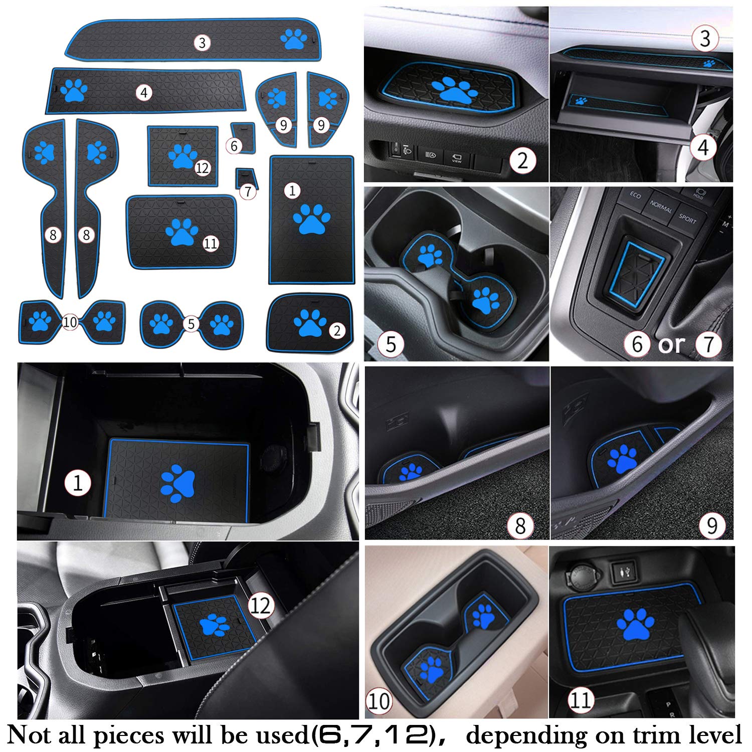Premium Custom Interior Accessories for Toyota RAV4 2019-2021 - 14pc Anti-Dust Cup Holder Inserts, Door Pocket Liners & Console Mats (Blue Trim) - Perfect for Car Organization & Interior Protection