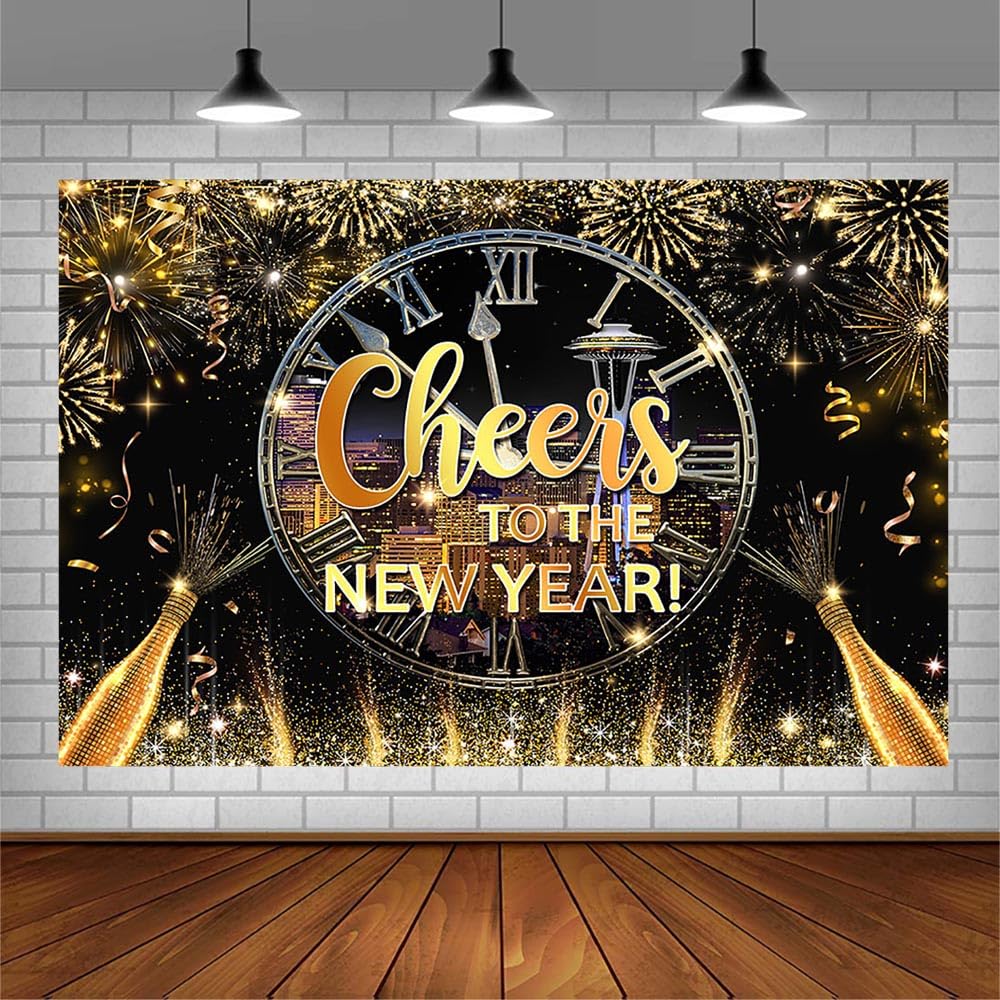 7x5ft Black Gold Happy New Year Backdrop 2025 - Kiss Me at Midnight Photography Background for New Year's Eve Party Decorations, City Night Firework Champagne Banner Photo Props - Perfect for NYE Celebrations, Countdown Parties & Social Media Photos