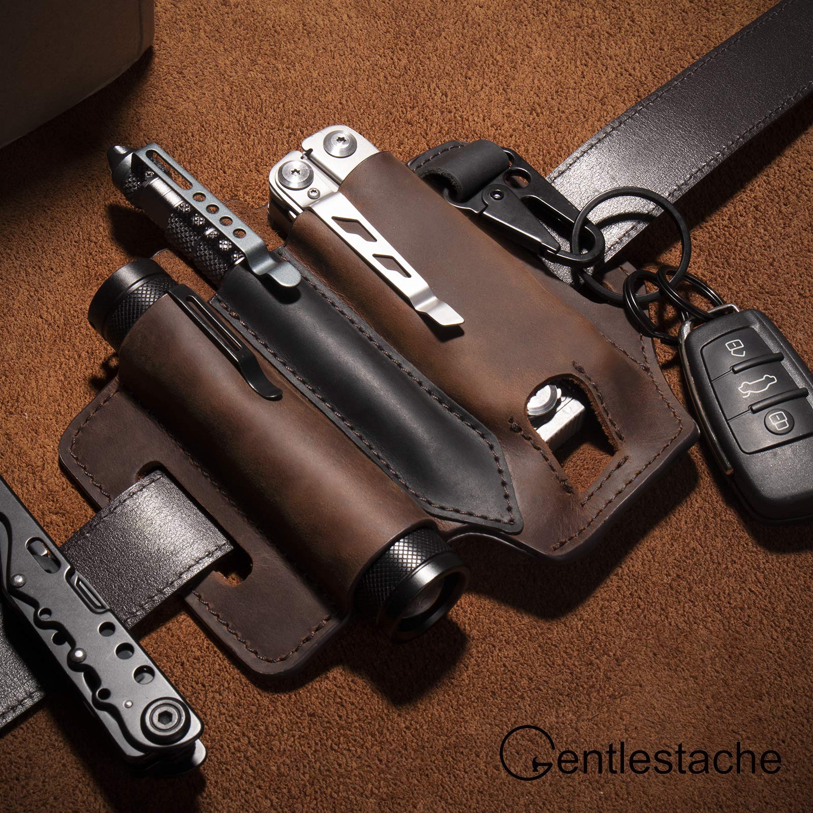 Premium Leather EDC Pocket Organizer for Men - Belt Sheath for Multitool, Pen Holder, Key Fob & Flashlight | Durable Leatherman Sheath in Dark Brown | Perfect for Outdoor Adventures, Camping & Everyday Carry