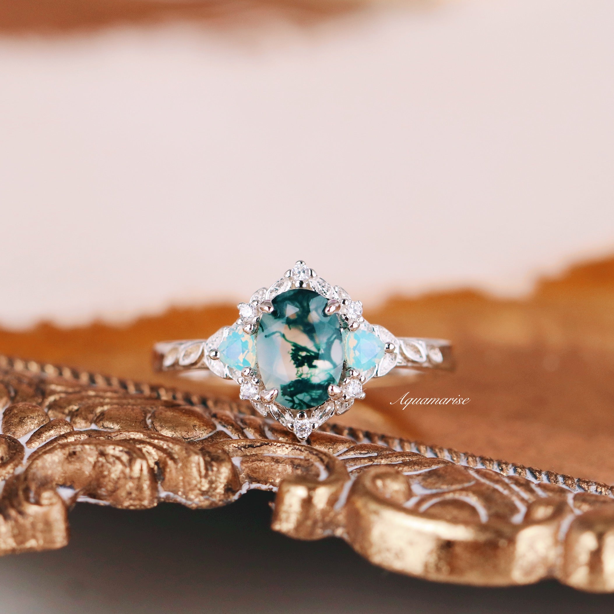Elegant Moss Agate & Opalescent Sapphire Leaf Ring in Sterling Silver - Perfect for Nature-Inspired Jewelry Lovers, Weddings & Boho Fashion