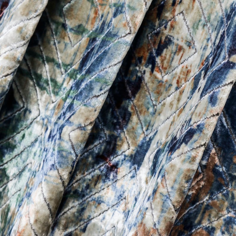 Luxury Artistic Velvet Fabric by The Yard - Ivory, Blue & Green Printed Velvet Upholstery Material for Drapes, Sofas & Home Decor | Premium Soft Textile for DIY Crafts, Fashion Design & Interior Projects