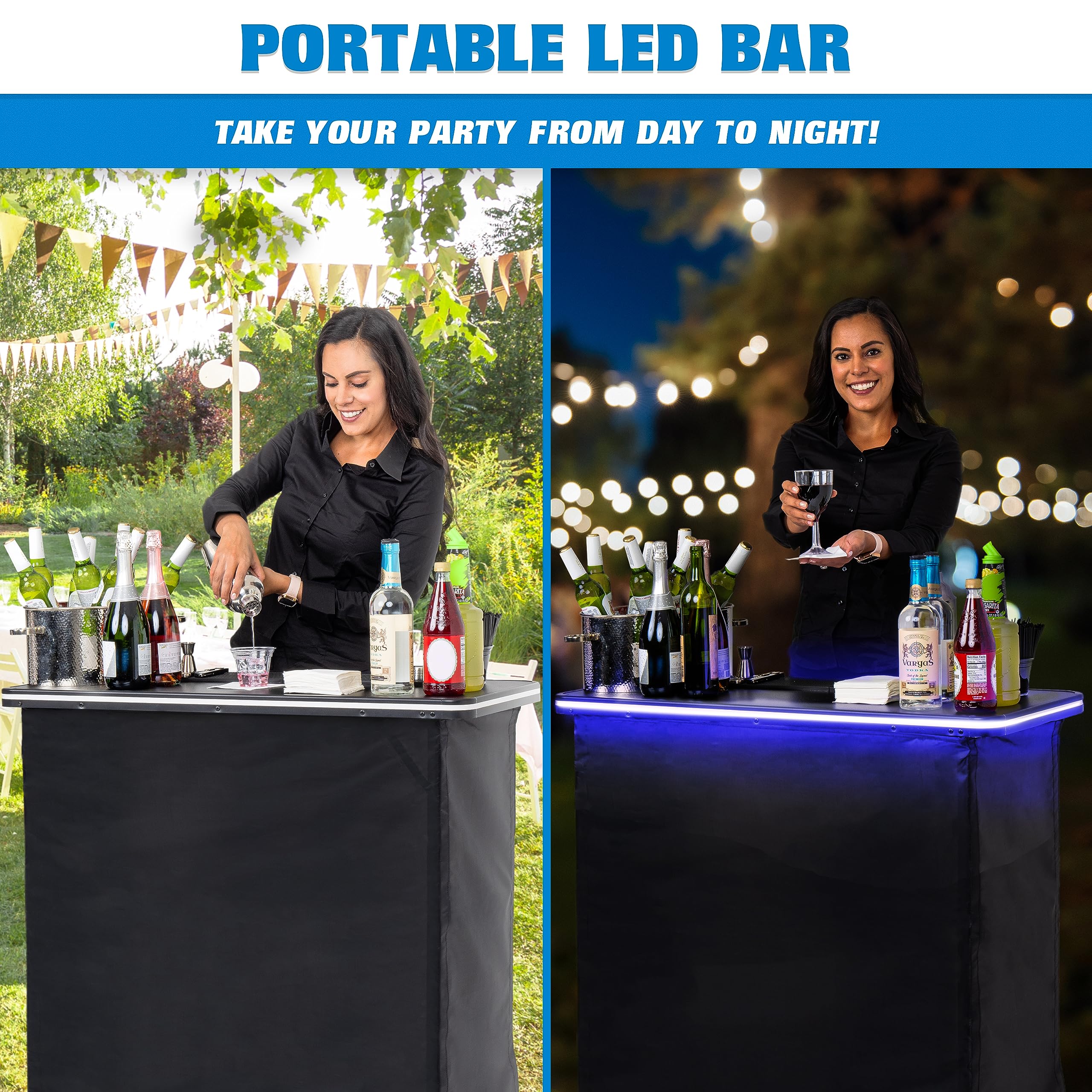 GoBar Portable Bar Table for Events - Black, 3 Skirts, or LED - Pop Up Mobile Bartending Station with Travel Carrying Case | Perfect for Weddings, Parties, and Outdoor Gatherings