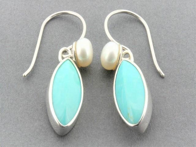 Elegant Almond-Shaped Turquoise & Freshwater Pearl Earrings in Sterling Silver – Perfect for Weddings, Parties & Special Occasions