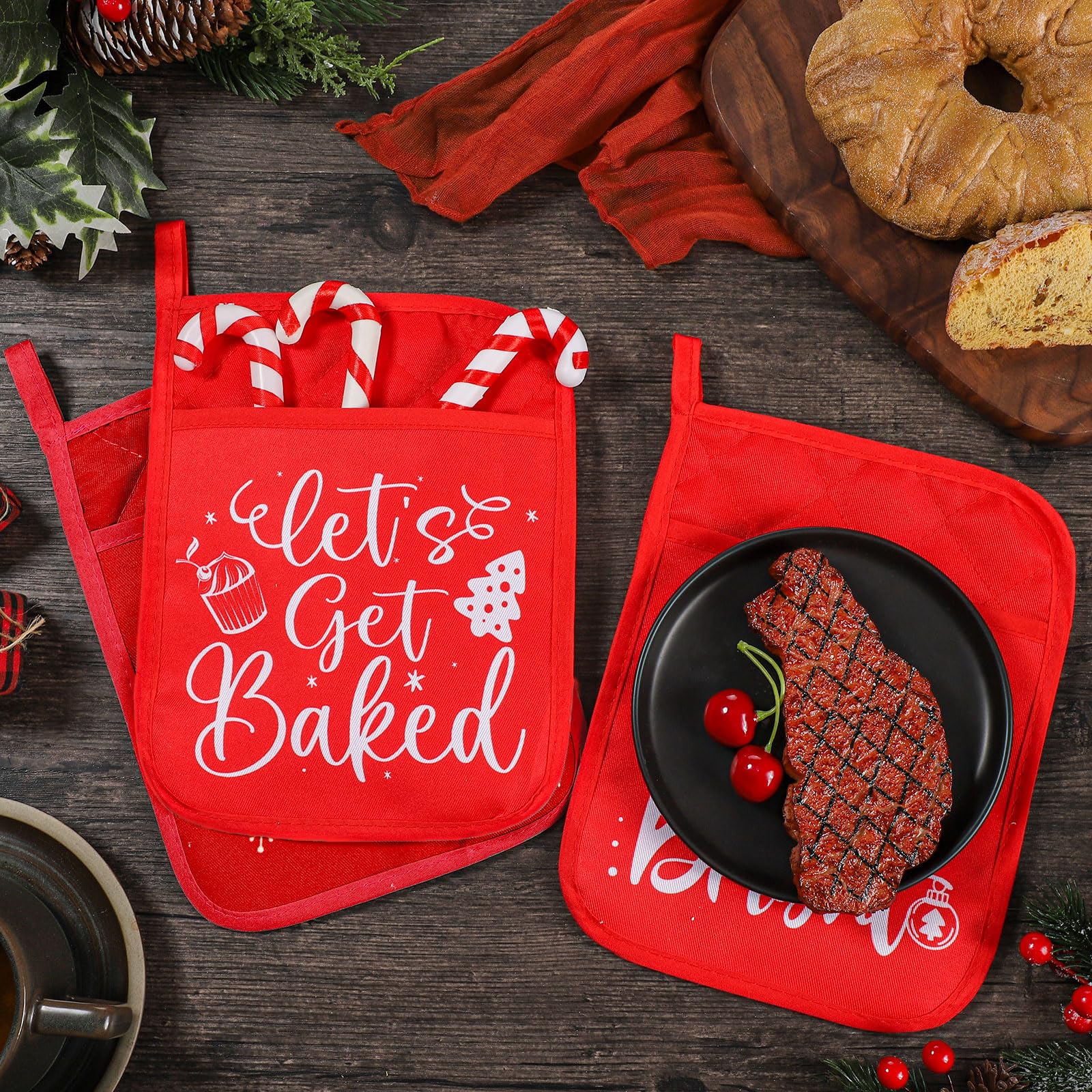 Yaomiao 10 Pcs Christmas Pot Holders with Pockets - Heat Resistant Oven Mitts & Hot Pads for Baking, Cooking, and Kitchen Use - Perfect Holiday Gift (Red, Simple) - Ideal for Holiday Baking, Cookie Exchange, and Festive Kitchen Decor