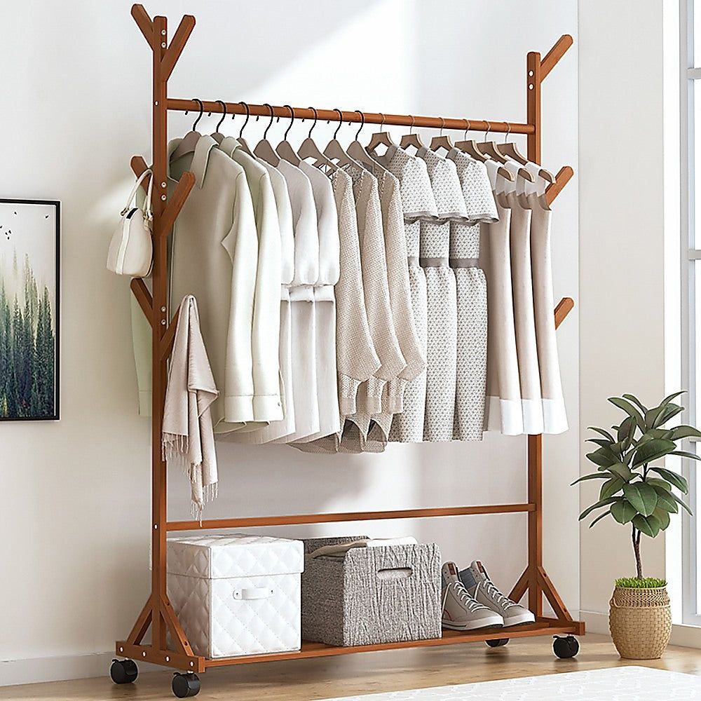Portable Bamboo Clothes Rack - Adjustable Garment Stand with Wheels for Hanging Coats, Dresses & Jackets - Perfect for Bedroom Closet, Laundry Room or Small Space Organization
