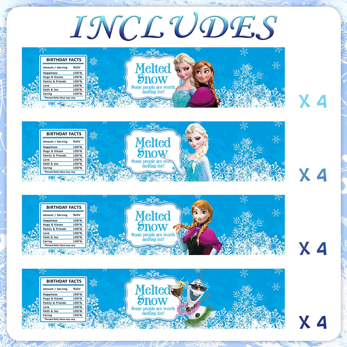 16 Pack Frozen Themed Water Bottle Labels - Waterproof Birthday Party Supplies for Kids, Boys & Girls - Perfect for Birthday Parties, Baby Showers & Summer Events