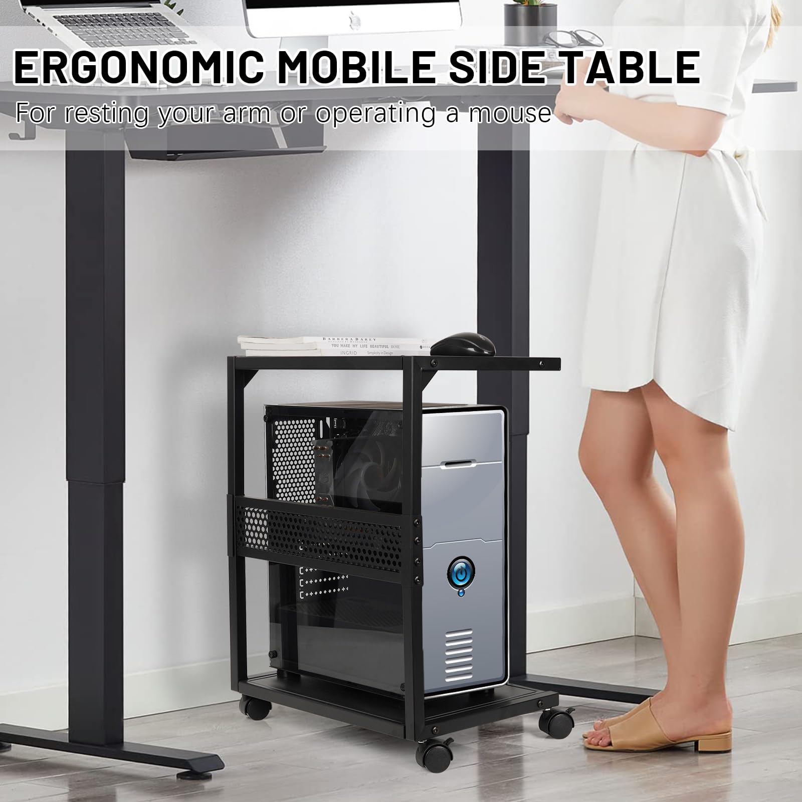 2-Tier Metal PC Stand with Locking Caster Wheels - Heavy Duty Computer Tower Stand for Most Desktop PCs | Perfect for Home Office, Gaming Setup & Workspace Organization