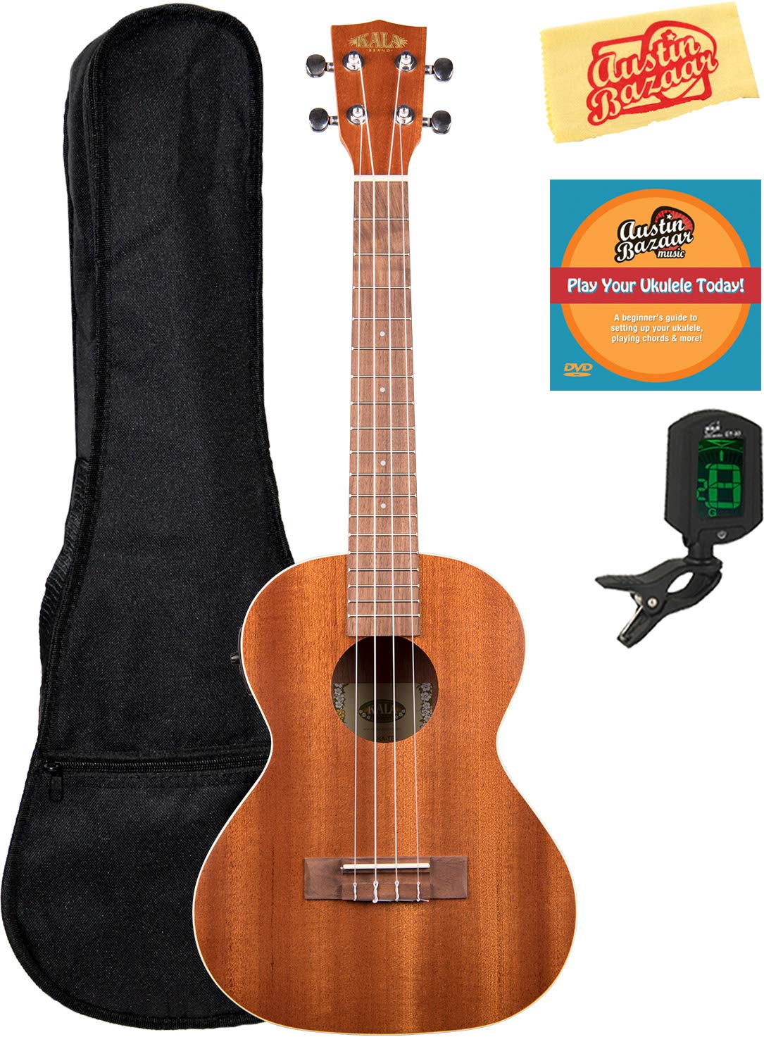 Kala KA-TE Mahogany Tenor Acoustic-Electric Ukulele Bundle with Gig Bag, Tuner, DVD & Polishing Cloth - Perfect for Beginners, Performances & Travel