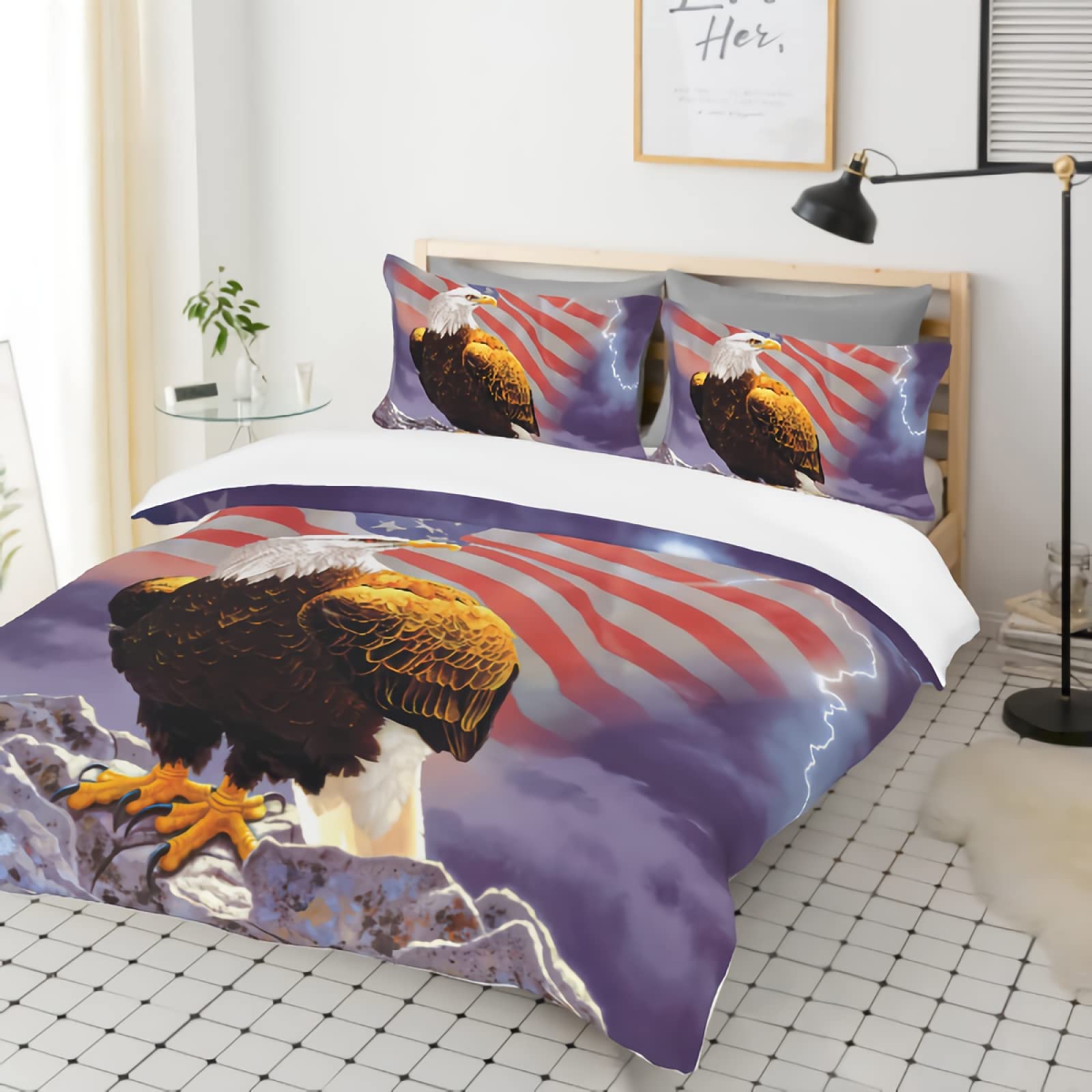 GREDBH American Flag Quilt Cover Set - Striped Stars Design Twin Size 3-Piece Bedding (1 Quilt + 2 Pillowcases) for Queen Bed - Patriotic Home Decor Perfect for Bedroom, Living Room & 4th of July Celebrations