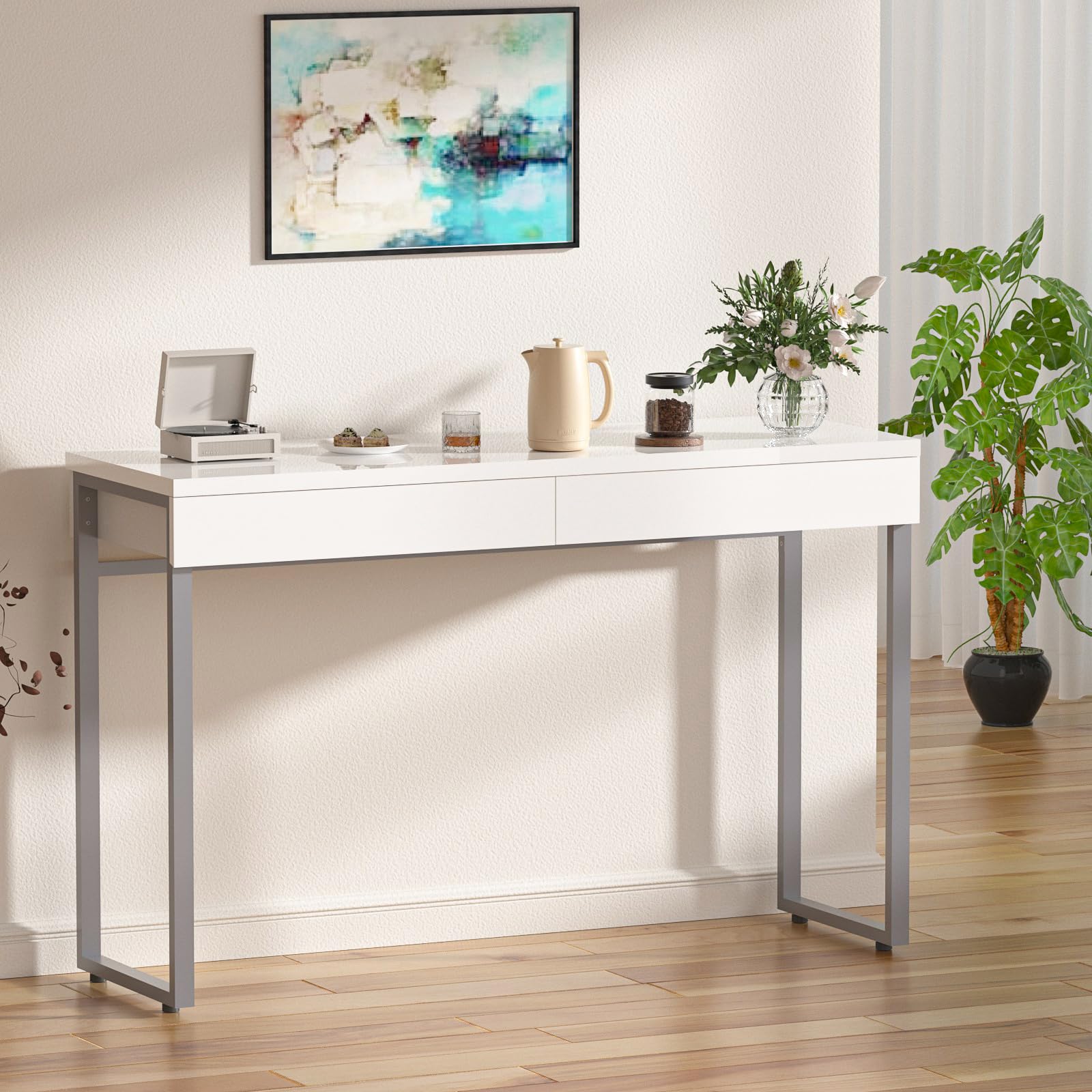 GreenForest Vanity Desk with 2 Drawers - 39 Inch Glossy White Makeup Table with Storage Space for Bedroom, Home Office & Dressing Area - Perfect for Cosmetics Organization and Workspace Setup
