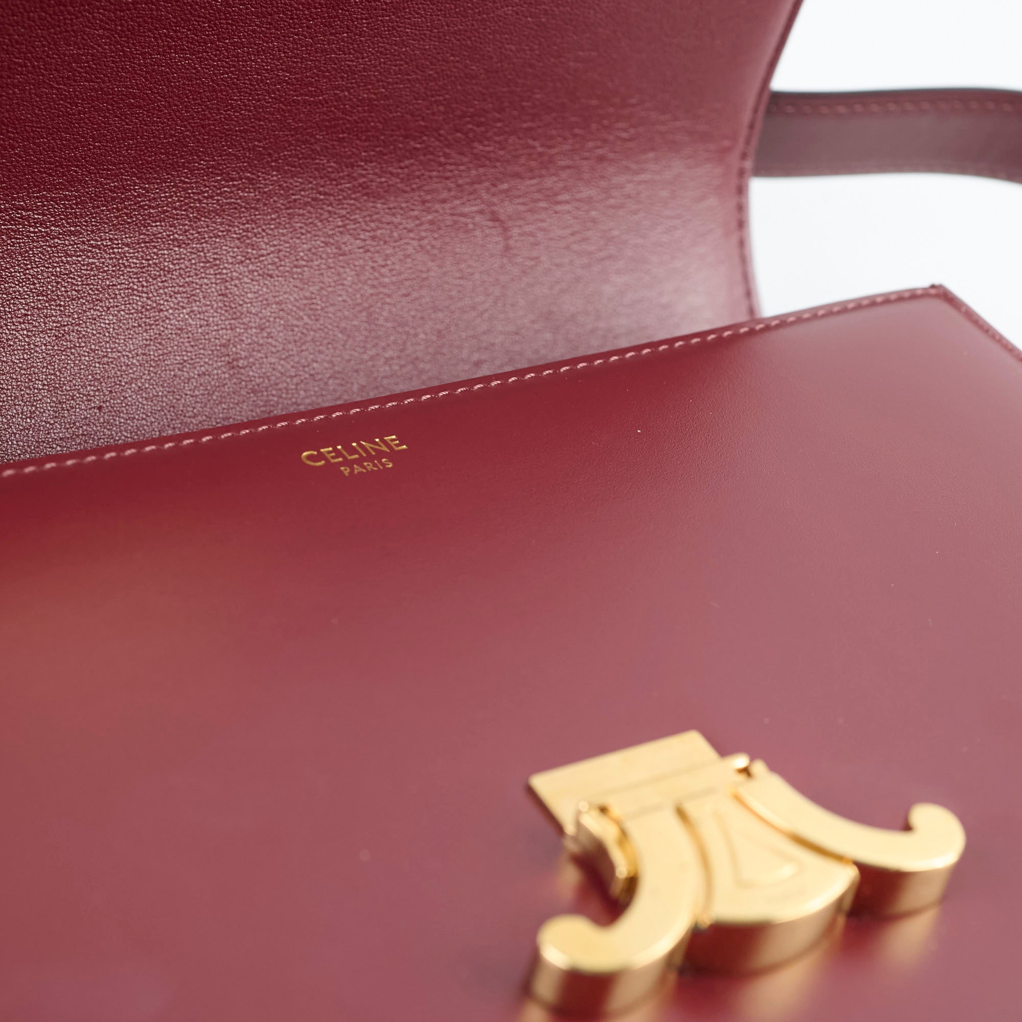 Celine Medium Triomphe Handbag in Shiny Burgundy Calfskin Leather - Perfect for Work, Travel & Evening Events