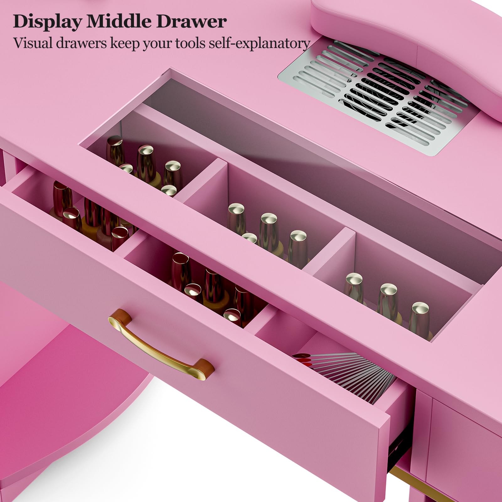 Premium Nail Salon Table with Electric Downdraft Ventilation - Paddie Glass Top Manicure Station with 3-Tier Open Shelves, Golden Handles & Drawers, Arm Rest - Perfect for Professional Nail Technicians & Home Beauty Salons (Pink)