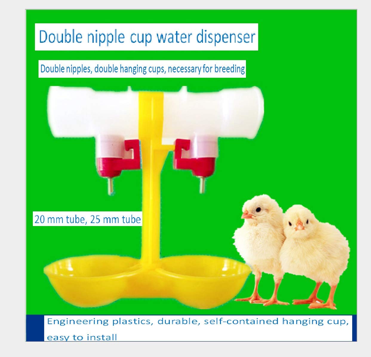 Stainless Steel T-Ball Poultry Drinker for Chickens & Ducks - Double Nipple Waterer with Hanging Cups (2 Pack, 20mm/0.78