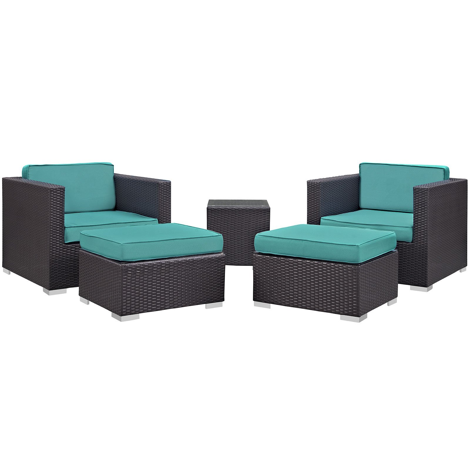 Modway Convene 5-Piece Wicker Rattan Outdoor Patio Furniture Set - Espresso & Turquoise Color for Garden, Poolside, Backyard, and Balcony Relaxation