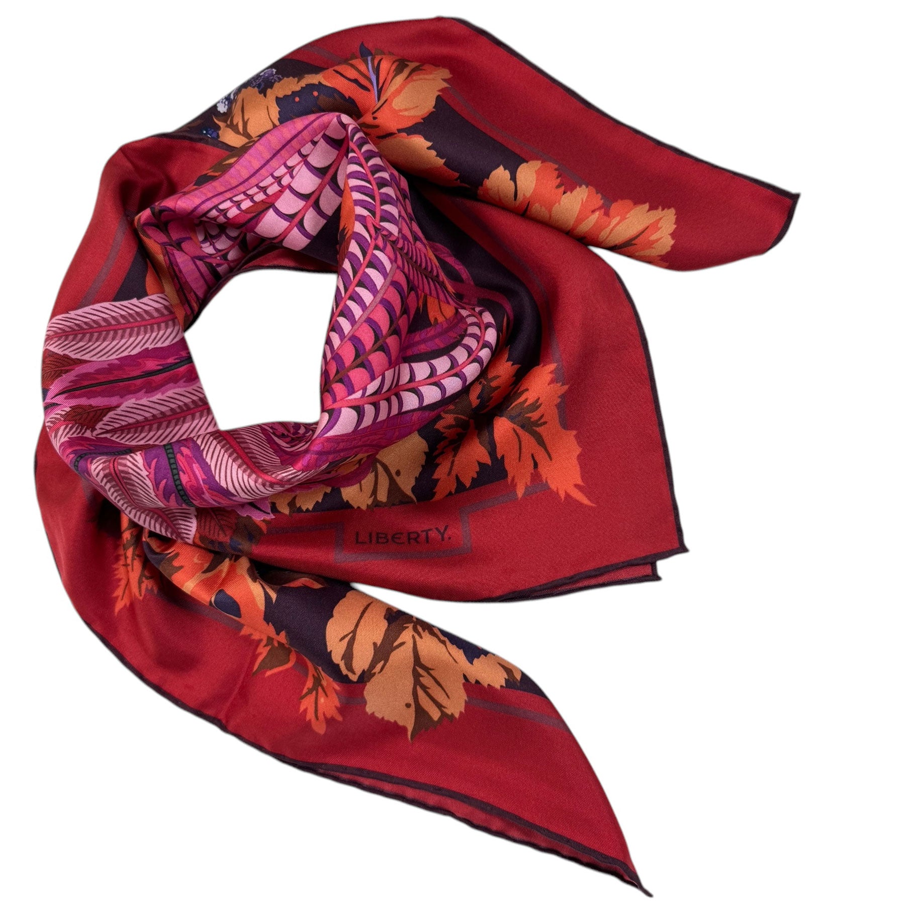 Liberty London Bordeaux Peacock Twill Silk Scarf - Elegant Foulard Wrap for Women, Fashion Accessory for Fall & Winter, Perfect for Office, Parties and Travel
