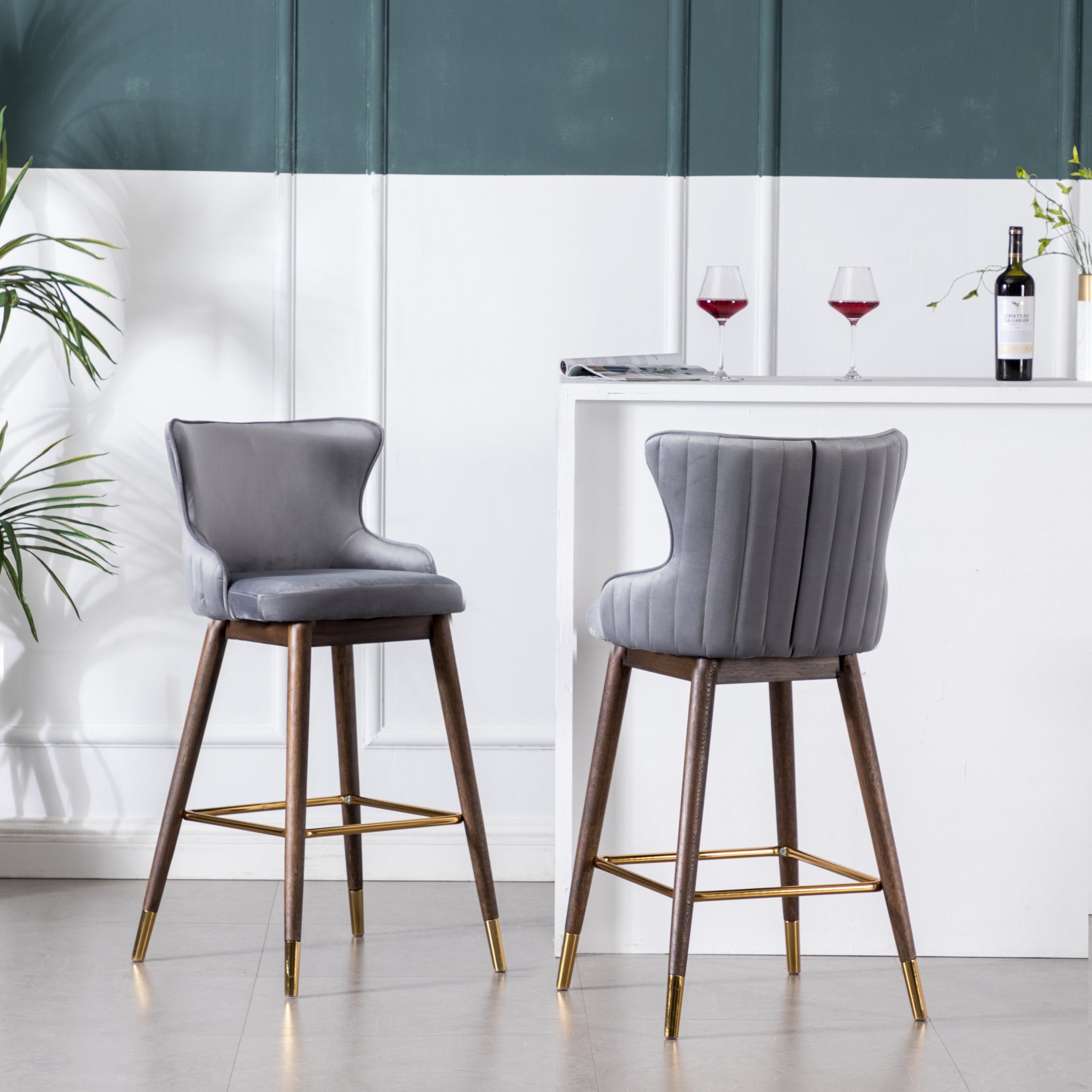 Roundhill Furniture Leland Fabric Upholstered Wingback Bar Stools - Set of 2, Gray - Comfortable Counter Height Stools for Kitchen Island, Breakfast Bar & Home Decor