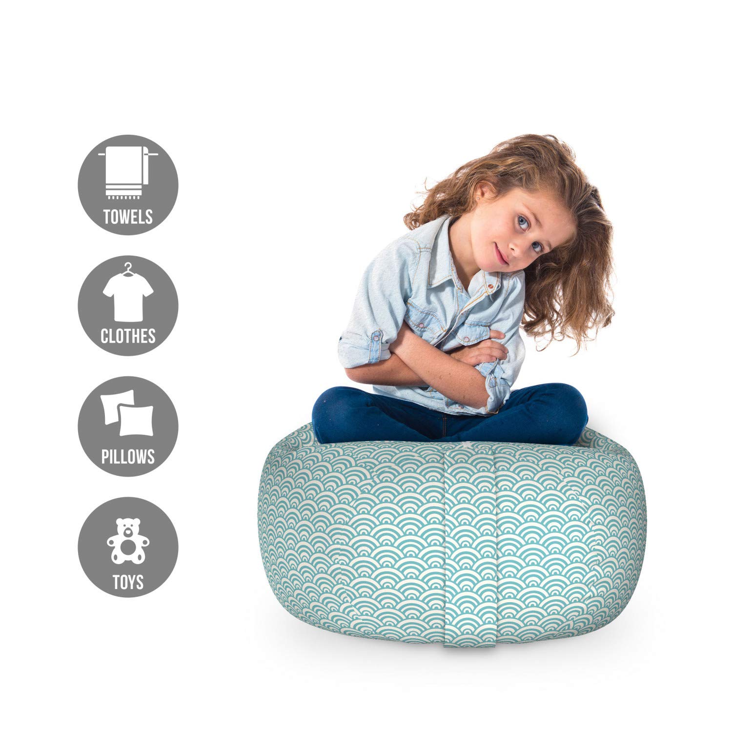 Ambesonne Aqua Storage Toy Bag Chair - Waterproof Washable Stuffed Animal Organizer with Curvy Lines & Bubble Design, Small Size in Sky Blue & White - Perfect for Kids' Room, Beach Trips, and Water Sports Season
