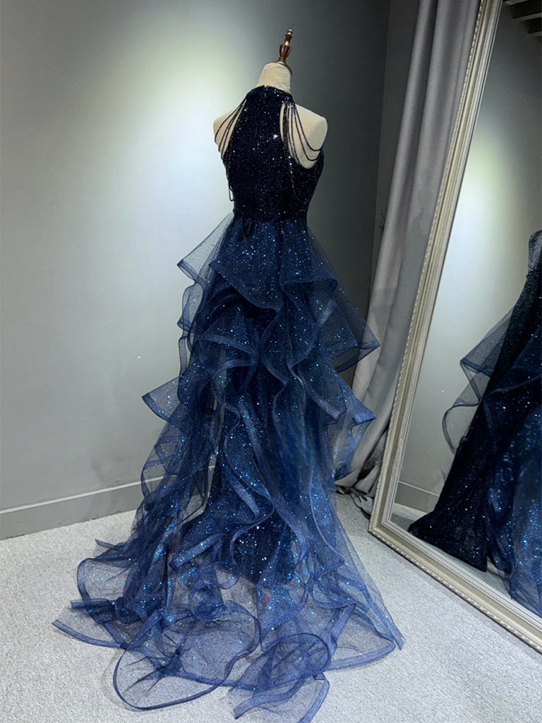 Elegant Dark Blue A-Line Tulle Sequin Long Prom Dress - Formal Evening Gown for Homecoming, Ball, and Special Occasions