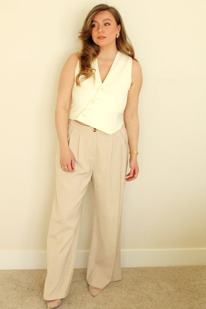 Beige Pintuck Wide Leg Pants for Women - High Waisted Linen Blend Trousers | Office Wear, Casual Outfits & Summer Fashion