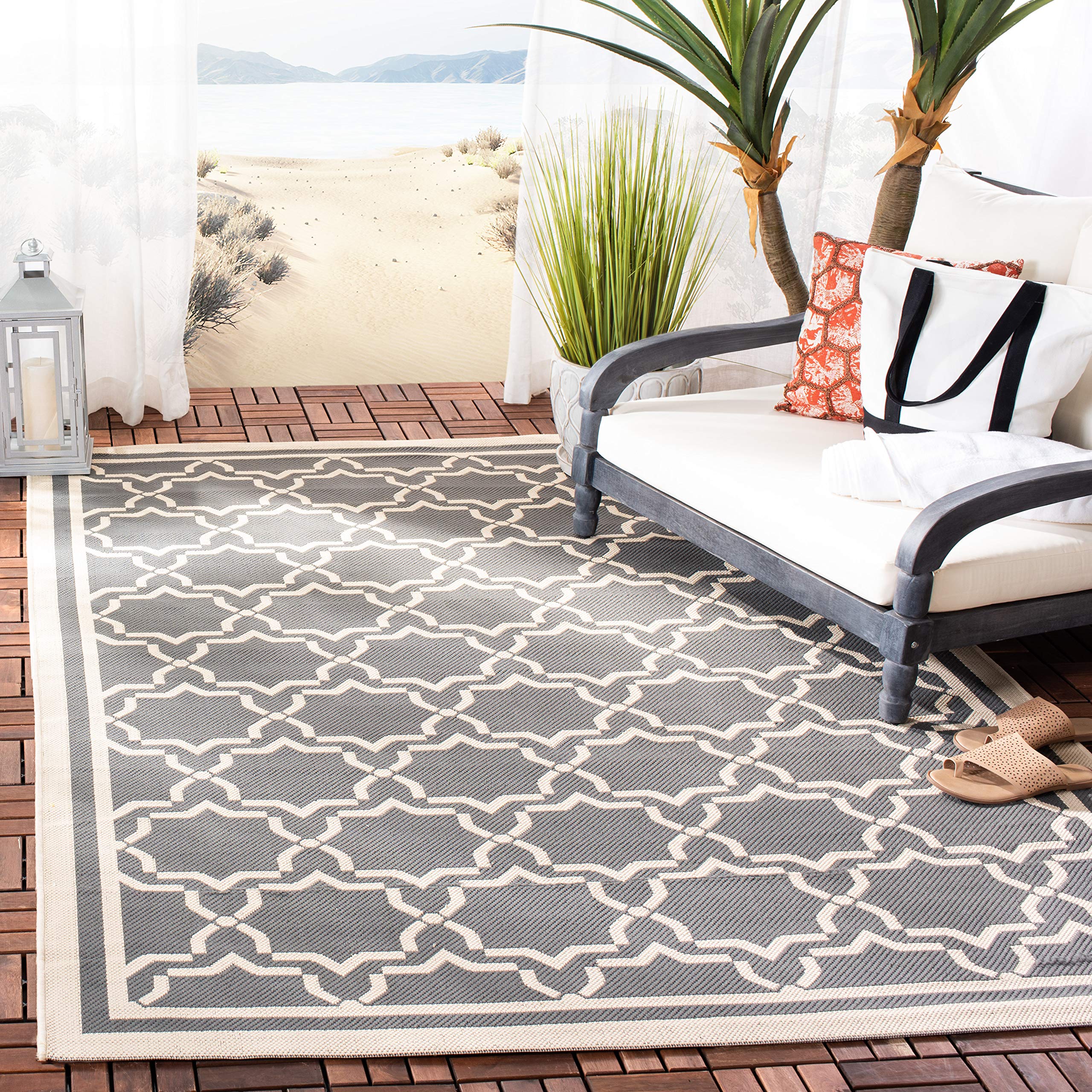 SAFAVIEH Courtyard Collection 7'1 Square Indoor/Outdoor Area Rug - Anthracite & Beige Non-Shedding Washable Rug for Patio, Backyard, Mudroom, Living Room & Bedroom (CY6916-246) - Perfect for Home Decor & High Traffic Areas