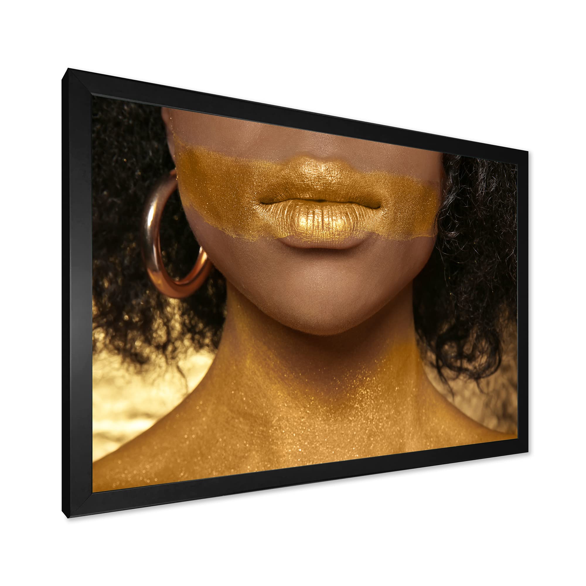 African American Woman Body Art with Gold Paint - Modern Framed Wall Decor for Living Room, Bedroom & Office